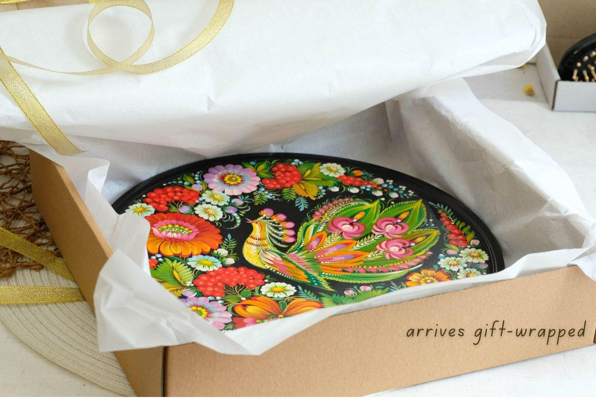 Hand-Painted Wooden Plate with Crane Couple & Sunflowers, 11.8" Petrykivka Painting - Ukrainian Folk Art