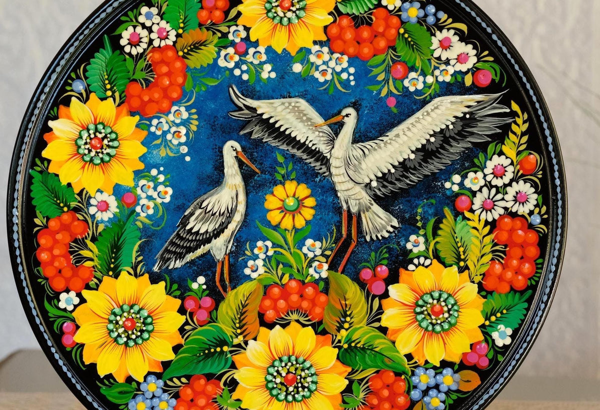 Hand-Painted Wooden Plate with Crane Couple & Sunflowers, 11.8" Petrykivka Painting - Ukrainian Folk Art