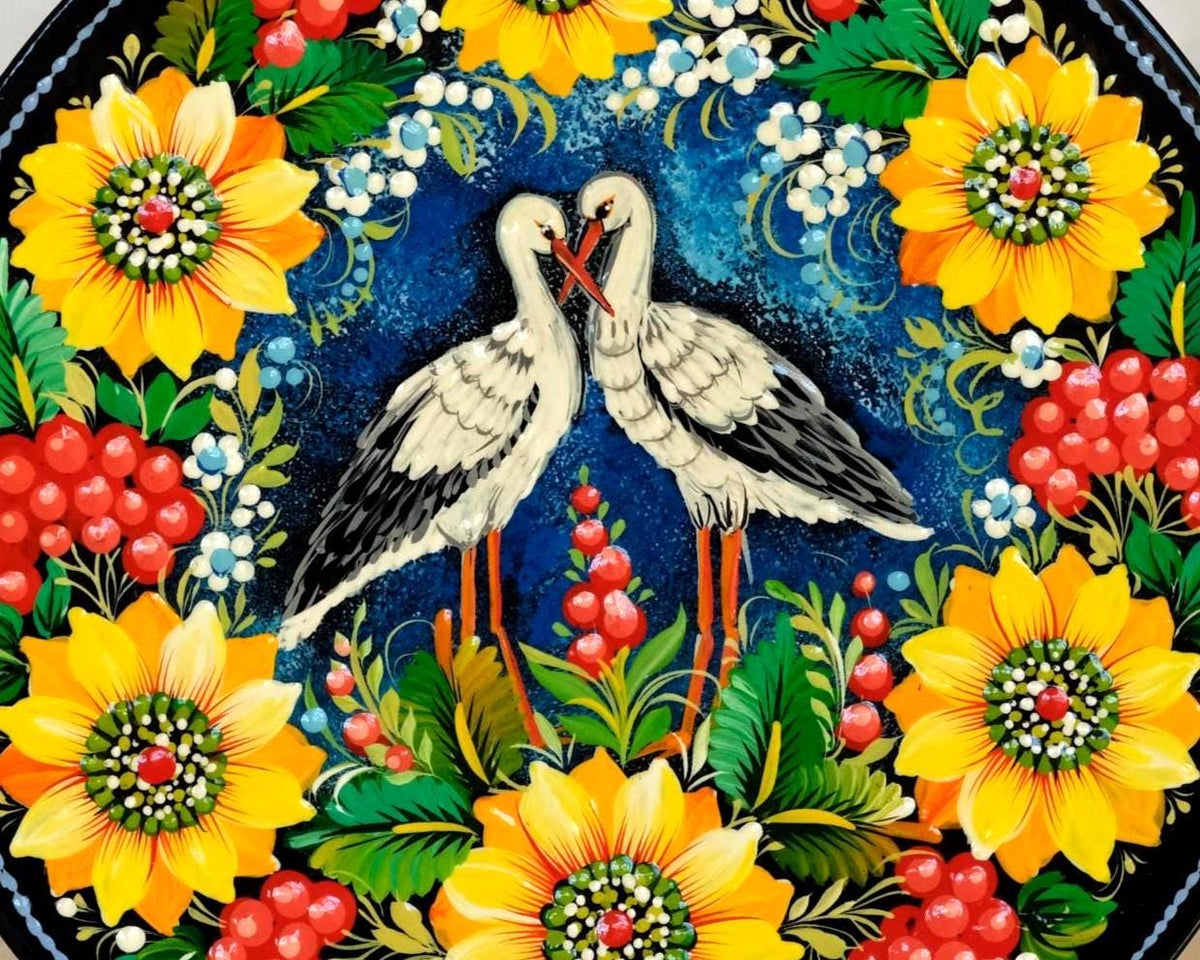 Large Hand-Painted Wooden Plate with Crane Couple & Sunflowers, 11.8" Petrykivka Ukrainian Folk Art