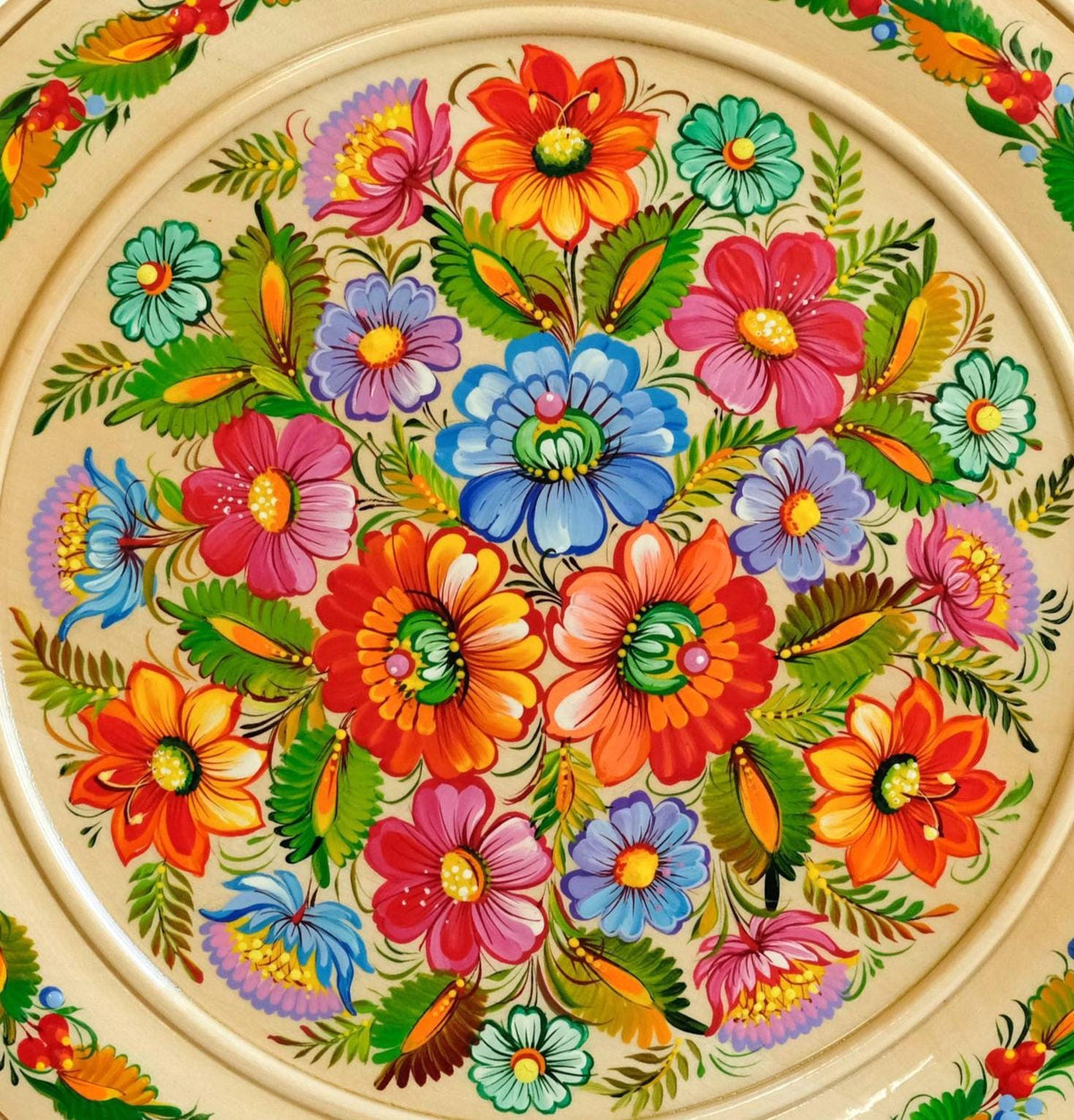 Large hand-painted woden plate 11.8" - Petrykivka painting, Ukrainian folk art