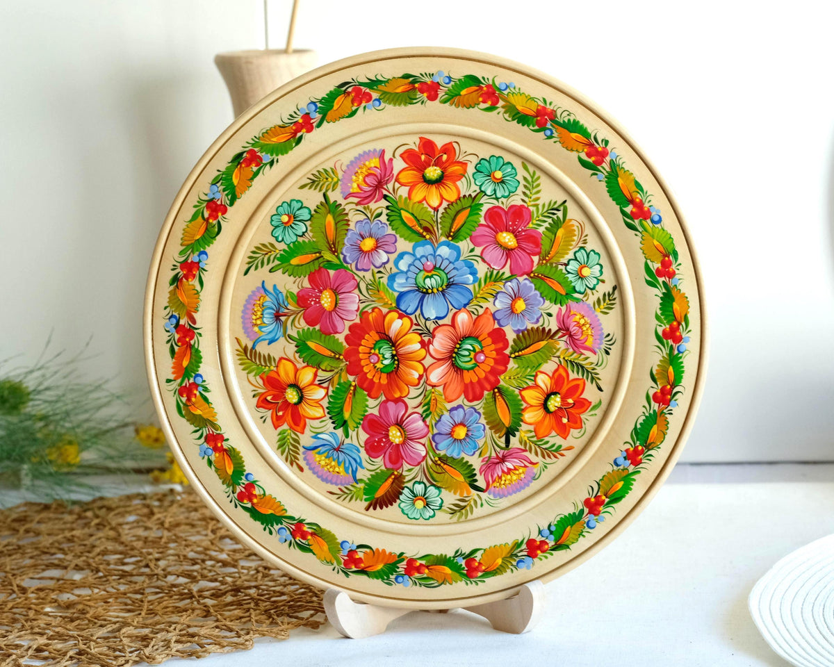 Large hand-painted woden plate 11.8" - Petrykivka painting, Ukrainian folk art