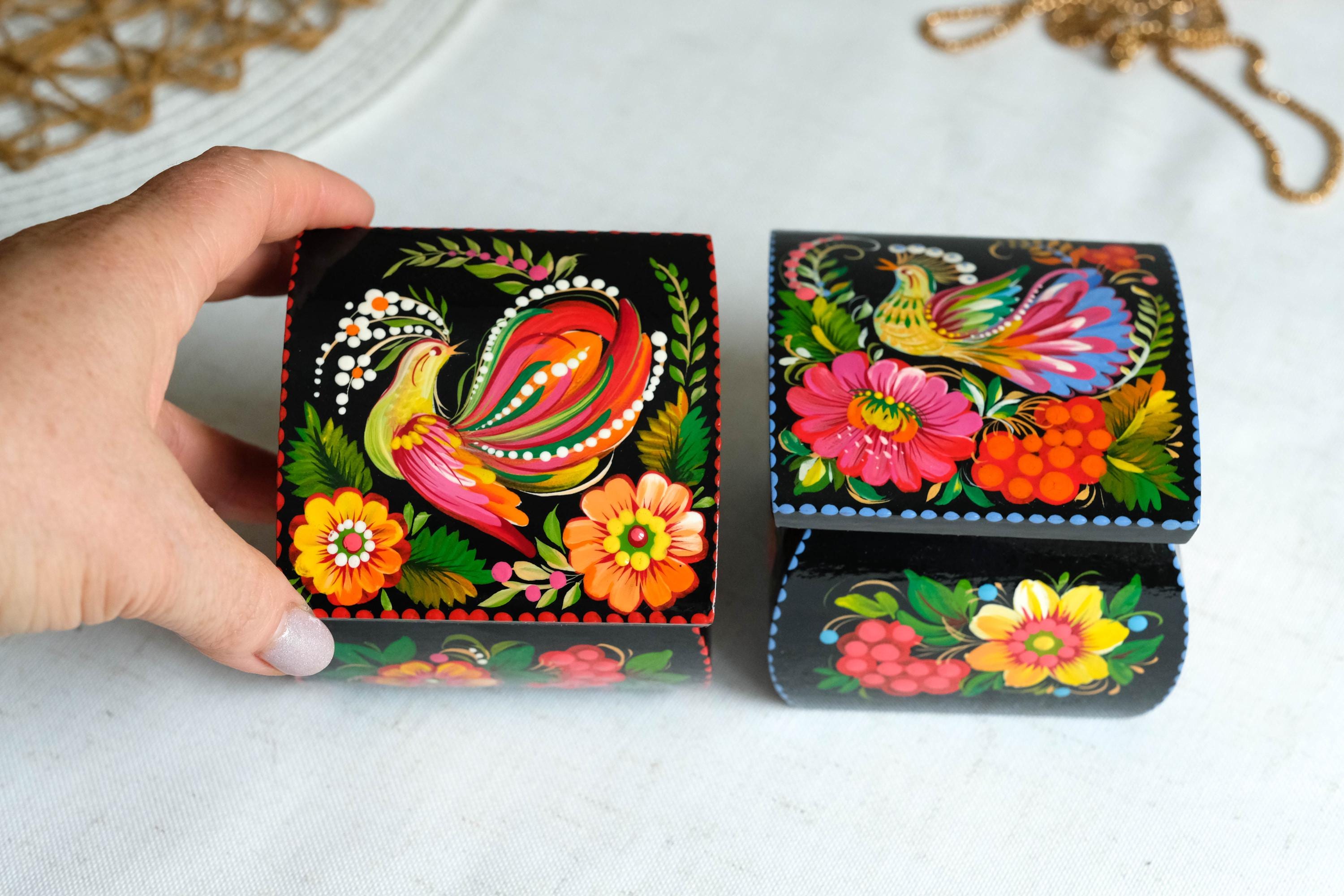 Hand-painted Wooden Jewelry Box with Firebird 3.15" in - Traditional Ukrainian Petrykivka Folk Art