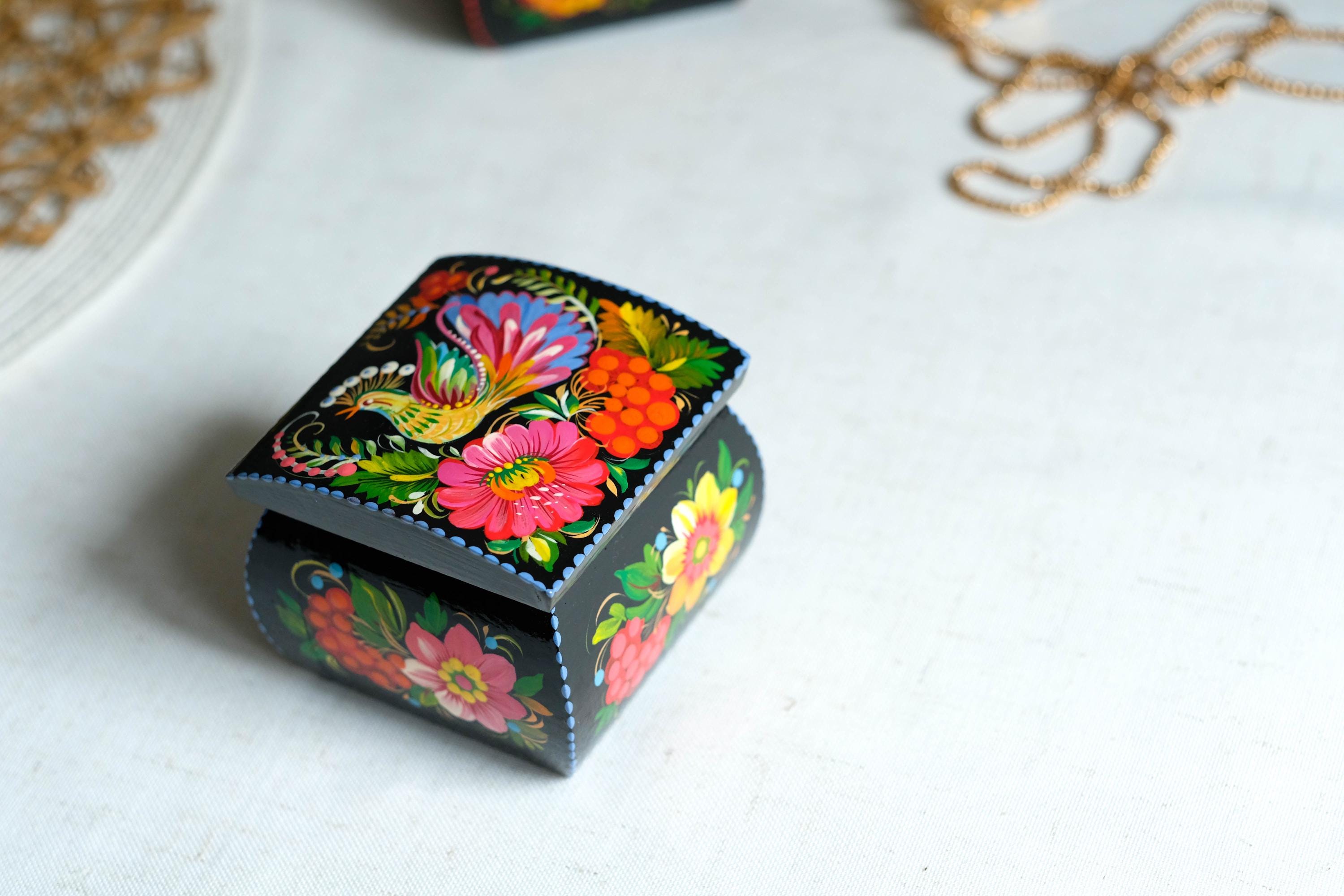 Hand-painted Wooden Jewelry Box with Firebird 3.15" in - Traditional Ukrainian Petrykivka Folk Art