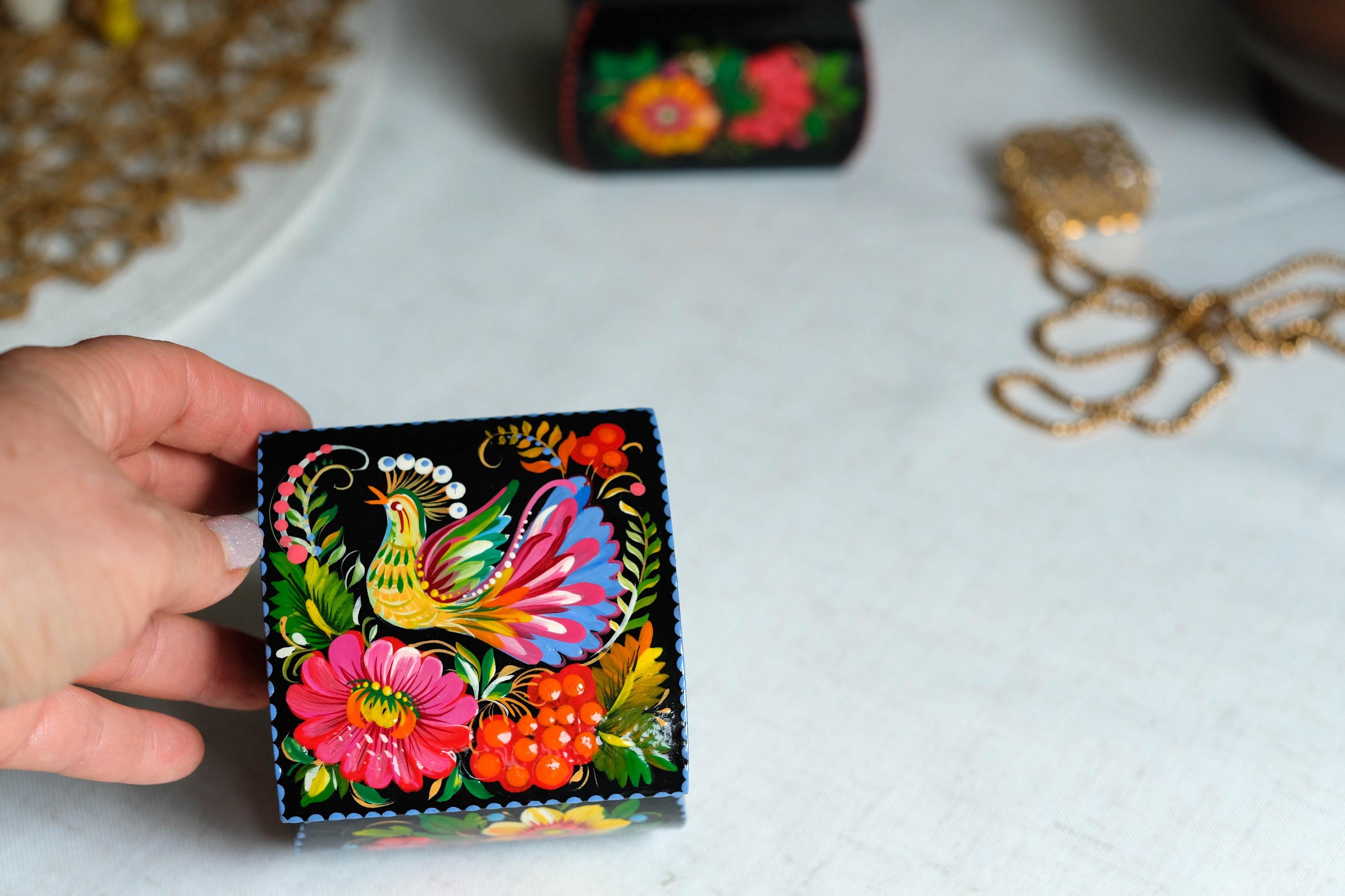 Hand-painted Wooden Jewelry Box with Firebird 3.15" in - Traditional Ukrainian Petrykivka Folk Art