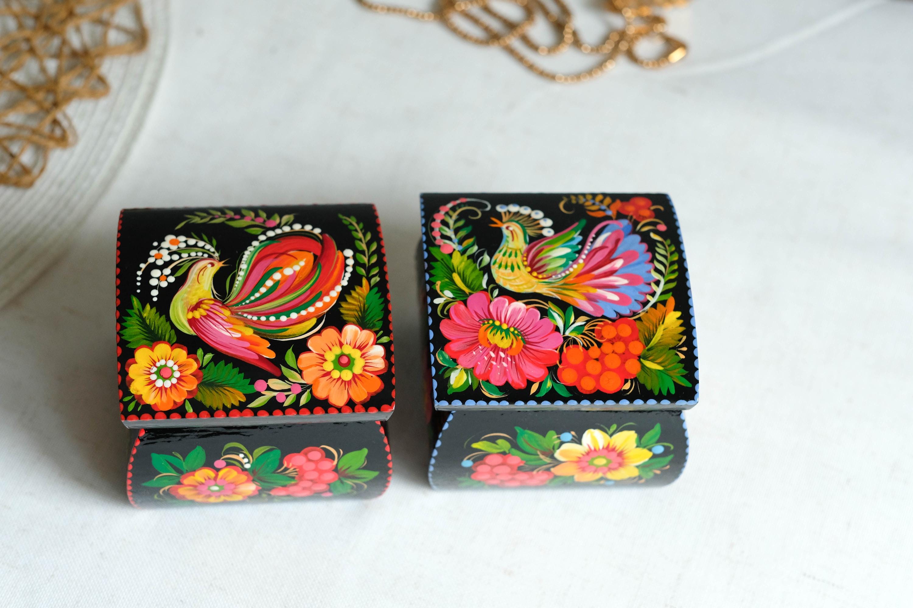 Hand-painted Wooden Jewelry Box with Firebird 3.15" in - Traditional Ukrainian Petrykivka Folk Art