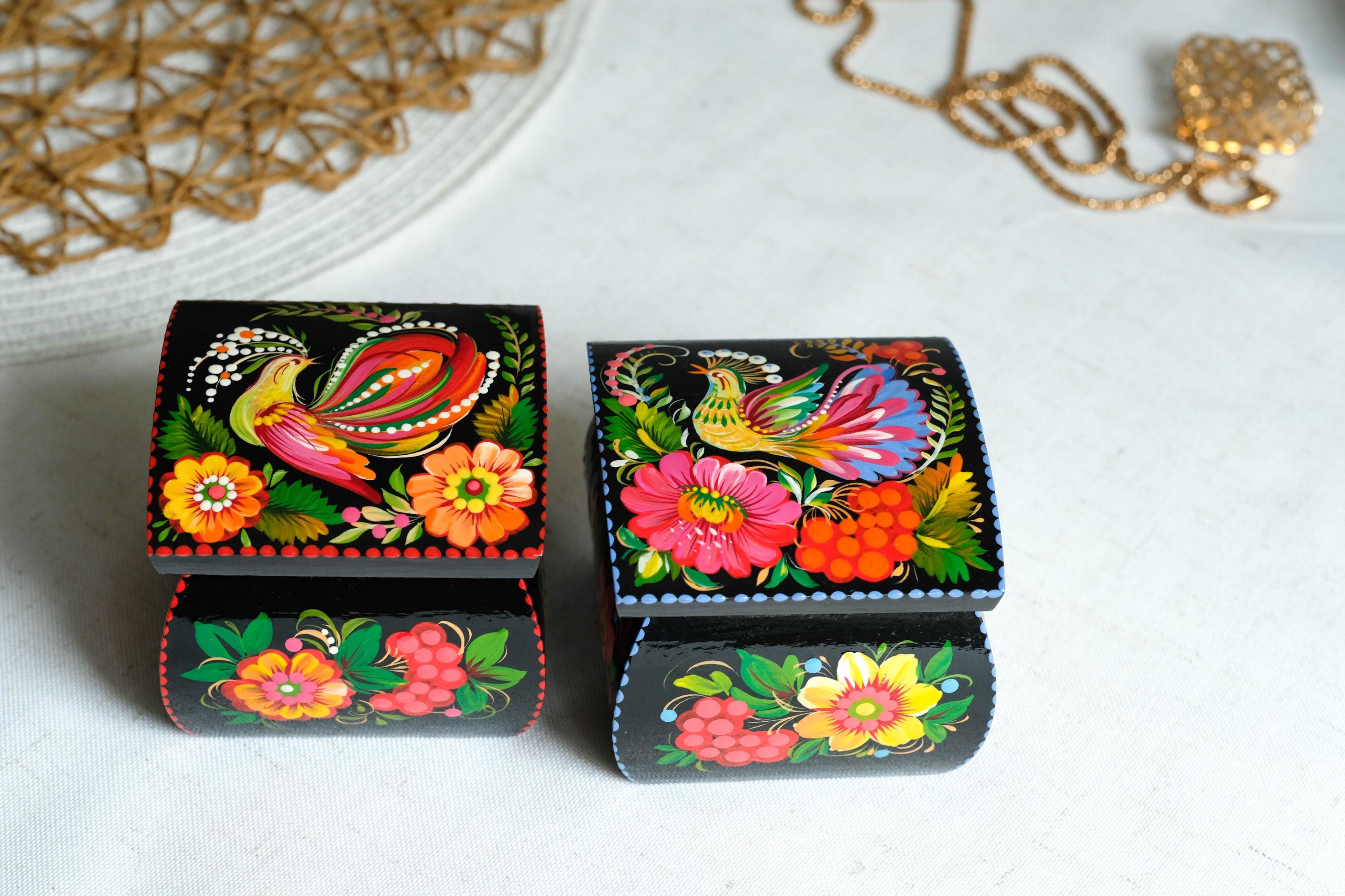 Hand-painted Wooden Jewelry Box with Firebird 3.15" in - Traditional Ukrainian Petrykivka Folk Art