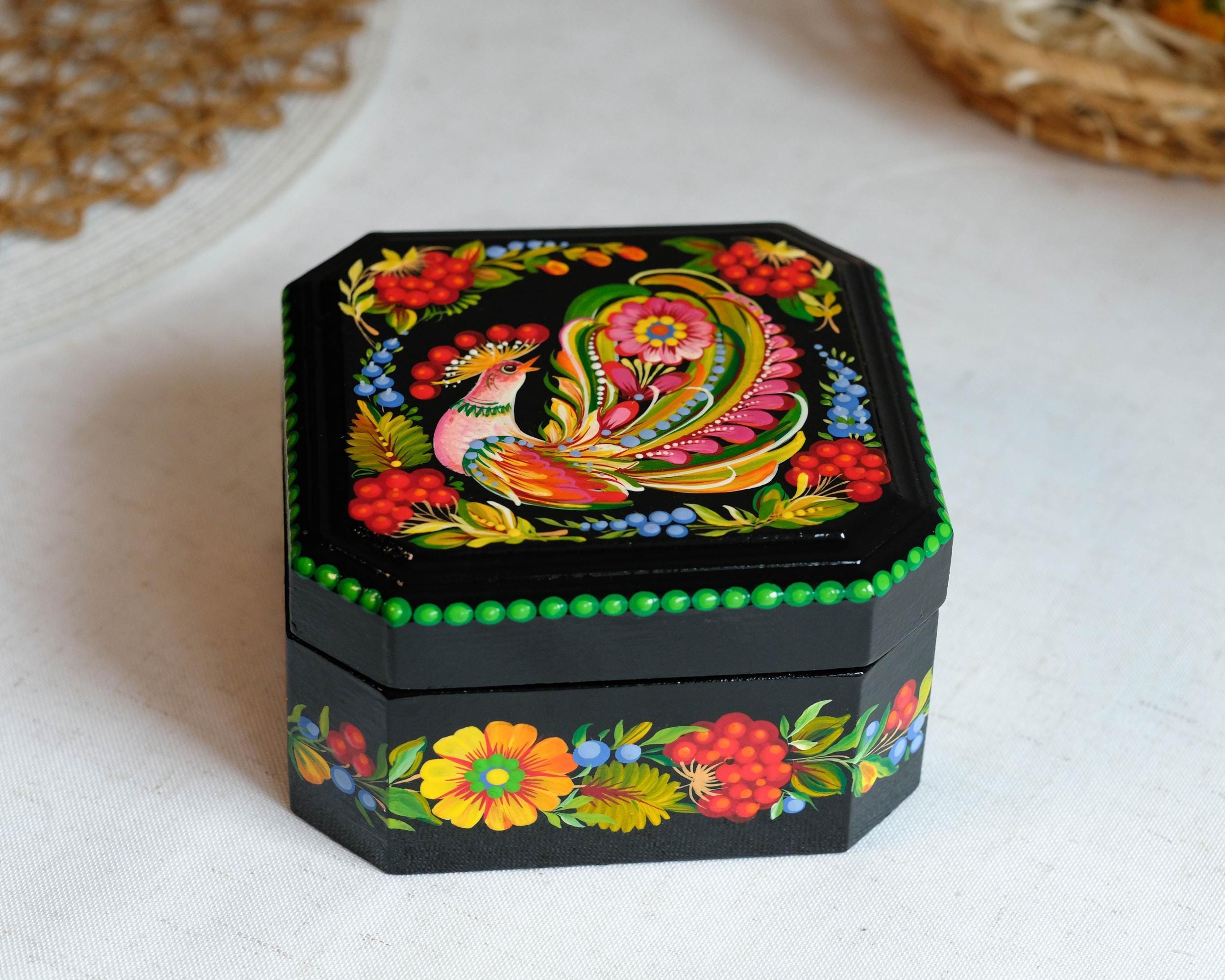 Hand-Painted Wooden Jewelry Box 5.5 inches - Ukrainian Firebird Petrykivka Art Treasure Chest