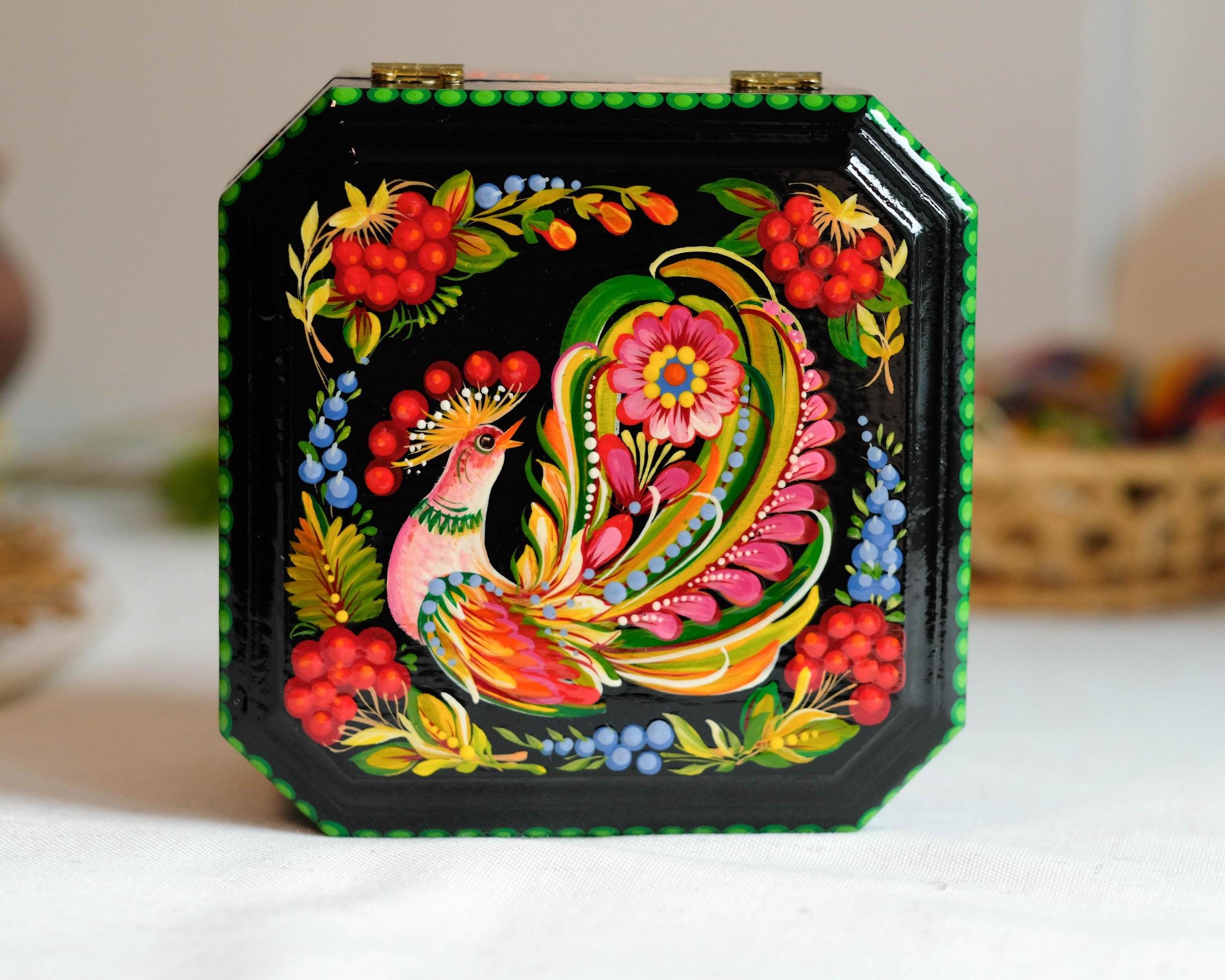 Hand-Painted Wooden Jewelry Box 5.5 inches - Ukrainian Firebird Petrykivka Art Treasure Chest