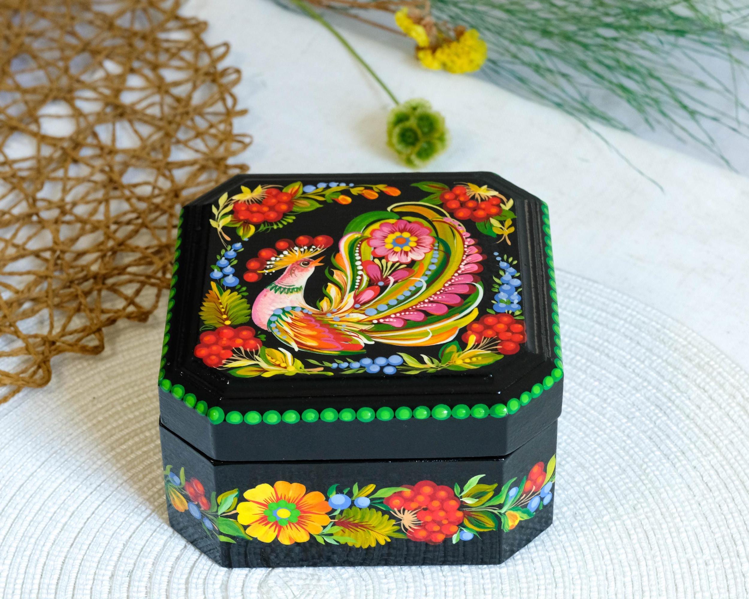 Hand-Painted Wooden Jewelry Box 5.5 inches - Ukrainian Firebird Petrykivka Art Treasure Chest