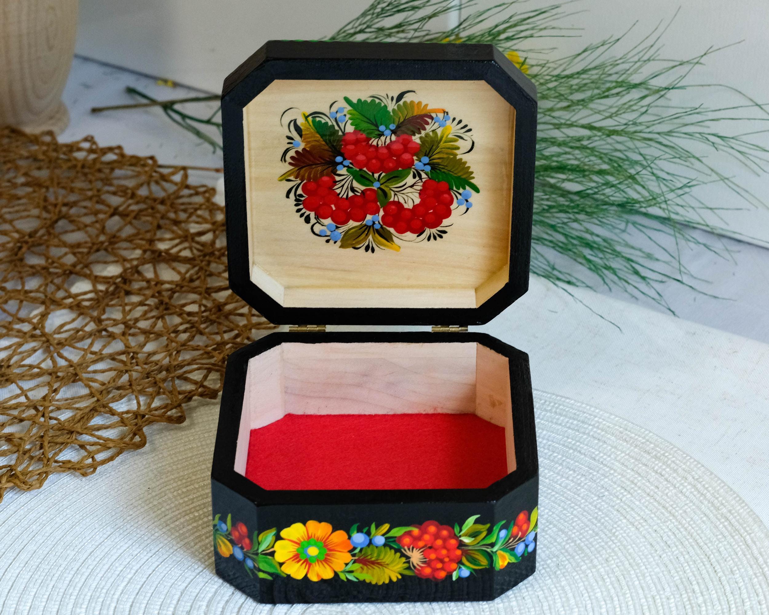 Hand-Painted Wooden Jewelry Box 5.5 inches - Ukrainian Firebird Petrykivka Art Treasure Chest