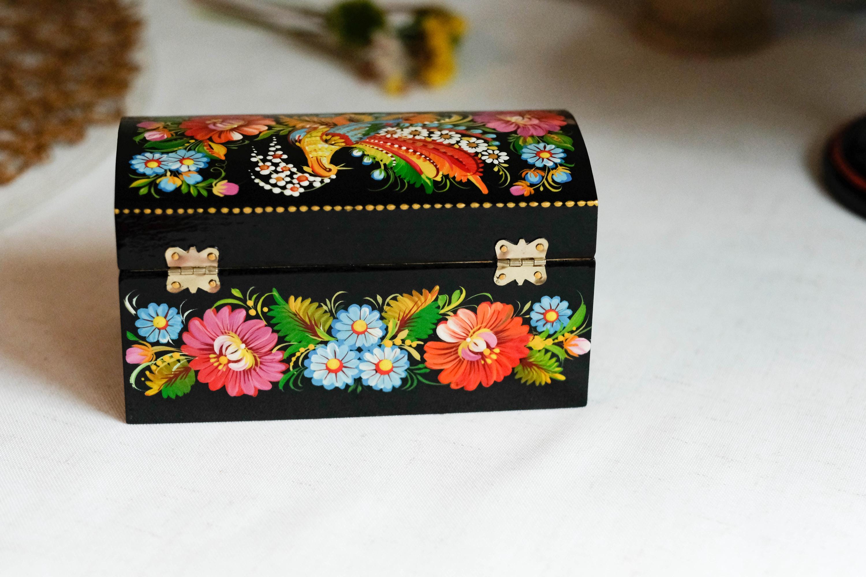 Painted Wooden Jewelry Box with Ukrainian Firebird 6.3" in - Traditional Petrykivka Folk Art