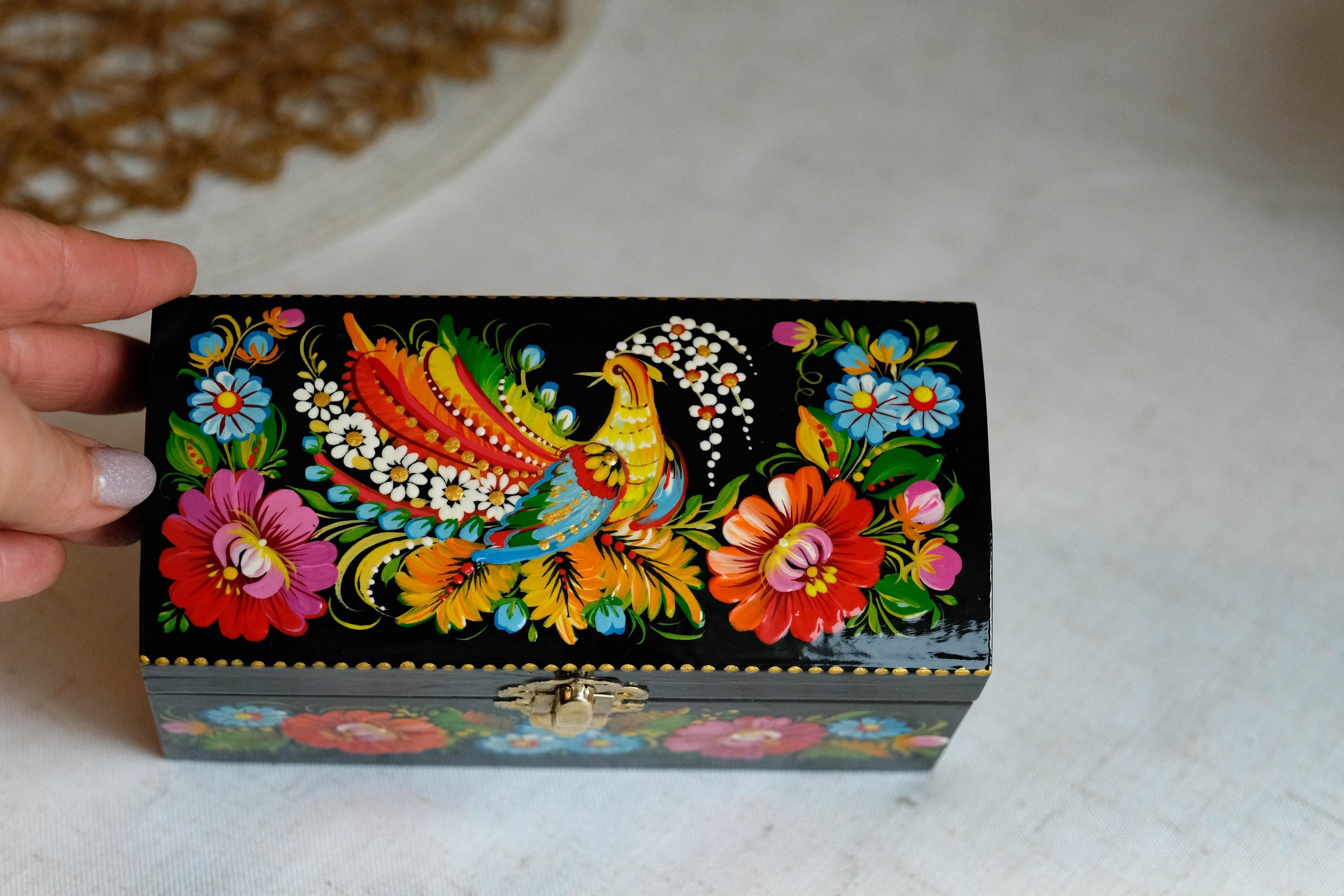 Painted Wooden Jewelry Box with Ukrainian Firebird 6.3" in - Traditional Petrykivka Folk Art