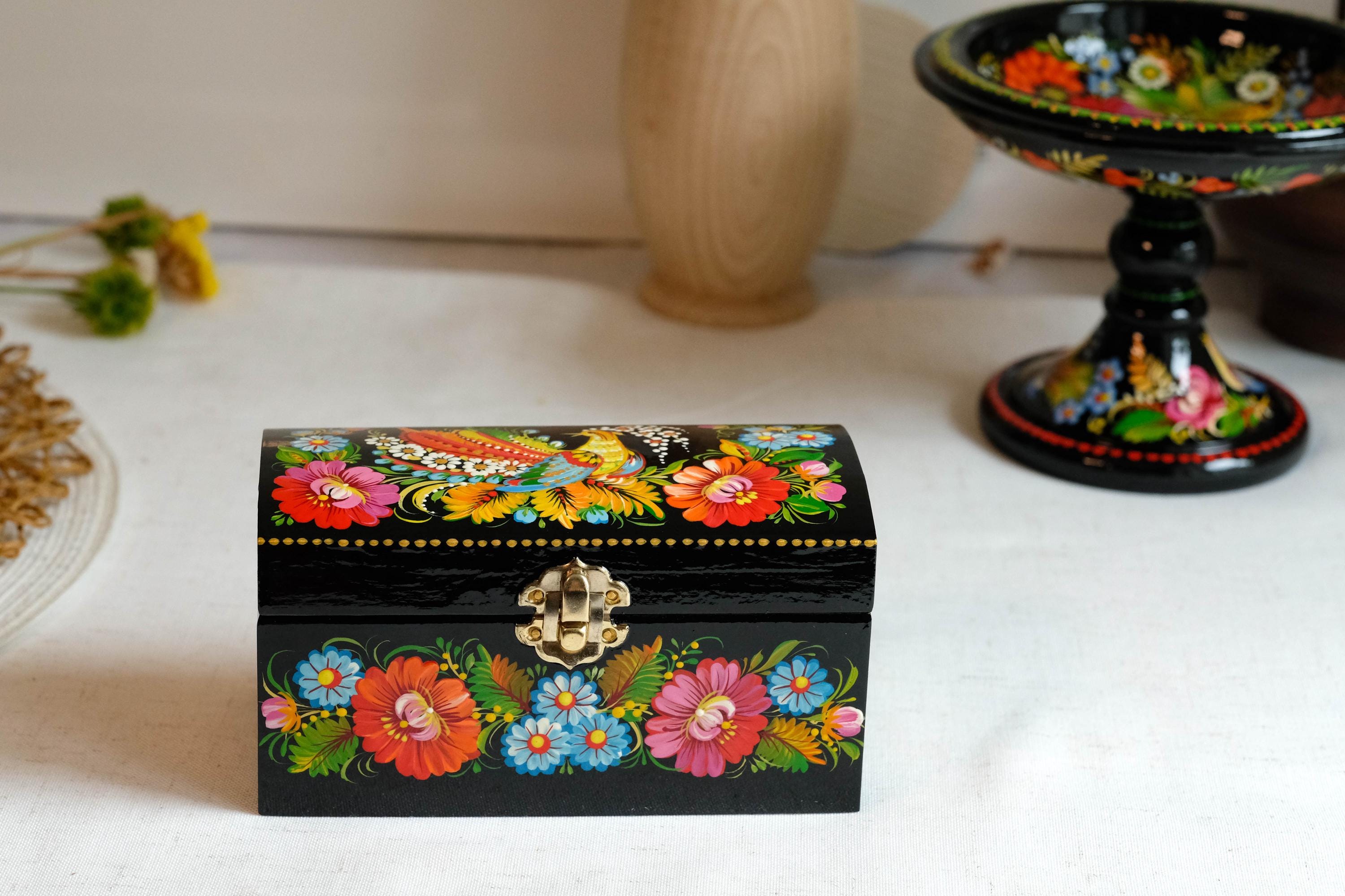Painted Wooden Jewelry Box with Ukrainian Firebird 6.3" in - Traditional Petrykivka Folk Art
