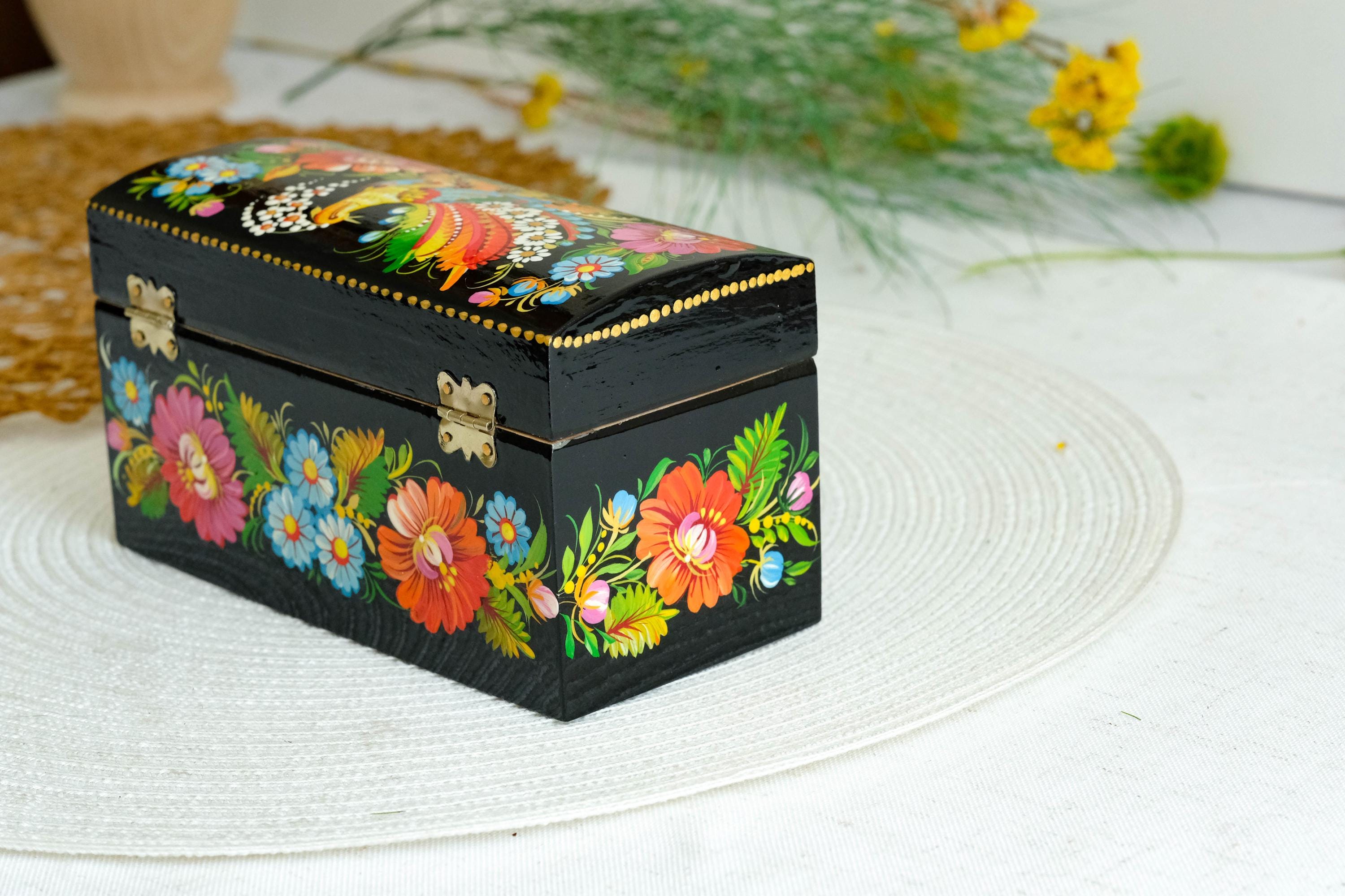 Painted Wooden Jewelry Box with Ukrainian Firebird 6.3" in - Traditional Petrykivka Folk Art