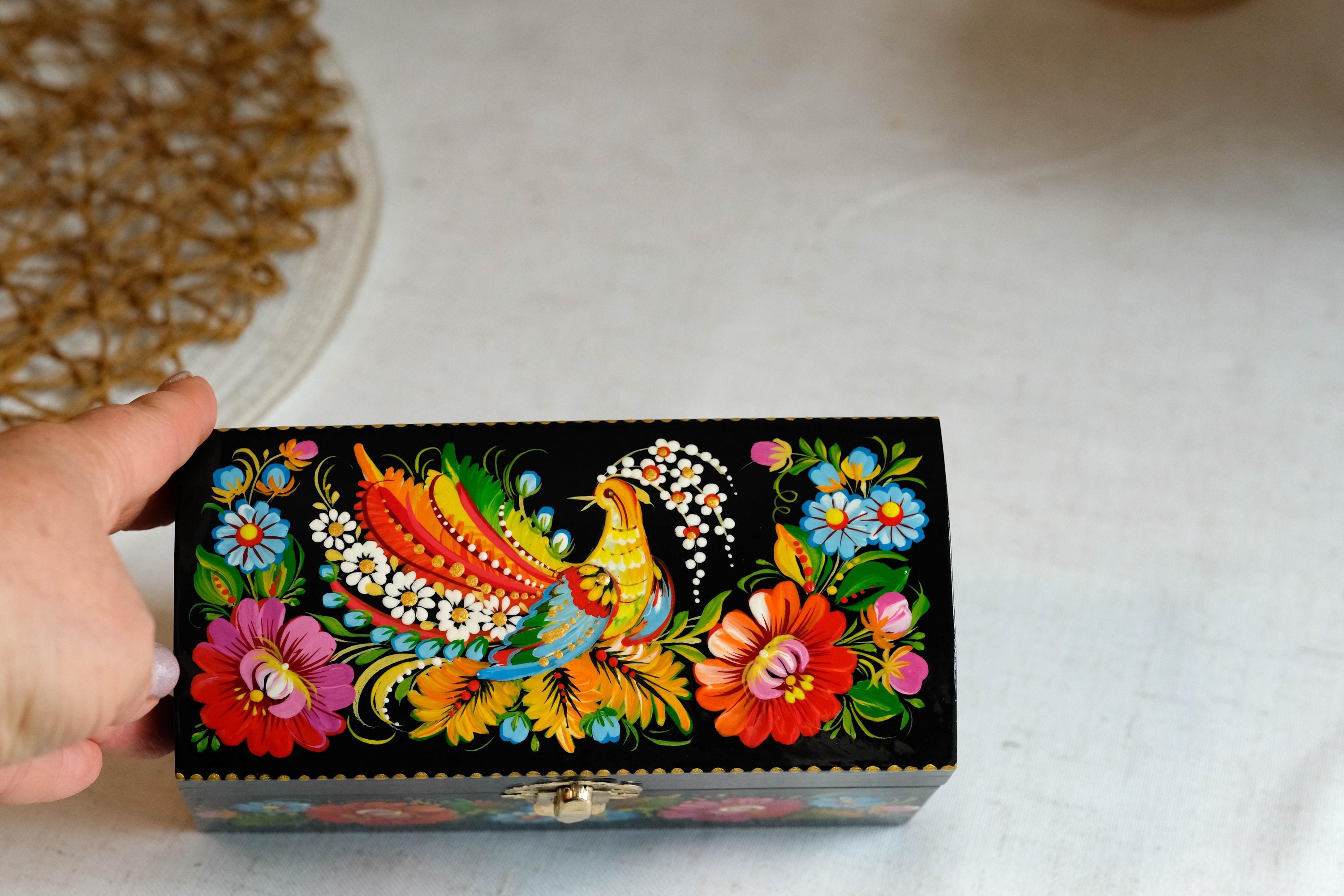 Painted Wooden Jewelry Box with Ukrainian Firebird 6.3" in - Traditional Petrykivka Folk Art