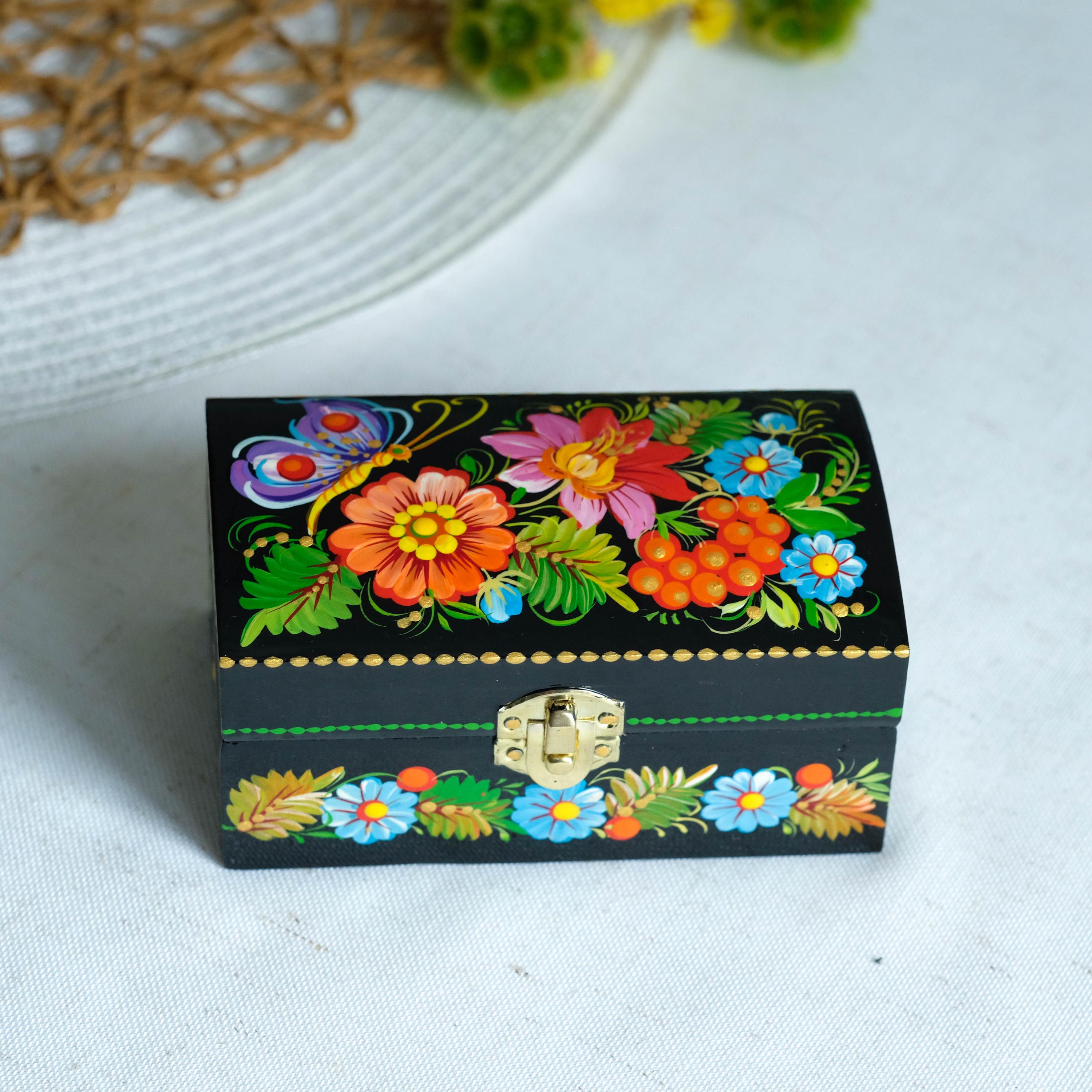 Painted Wooden Butterfly Jewelry Box 4.13 inches - Traditional Ukrainian Petrykivka Folk Art