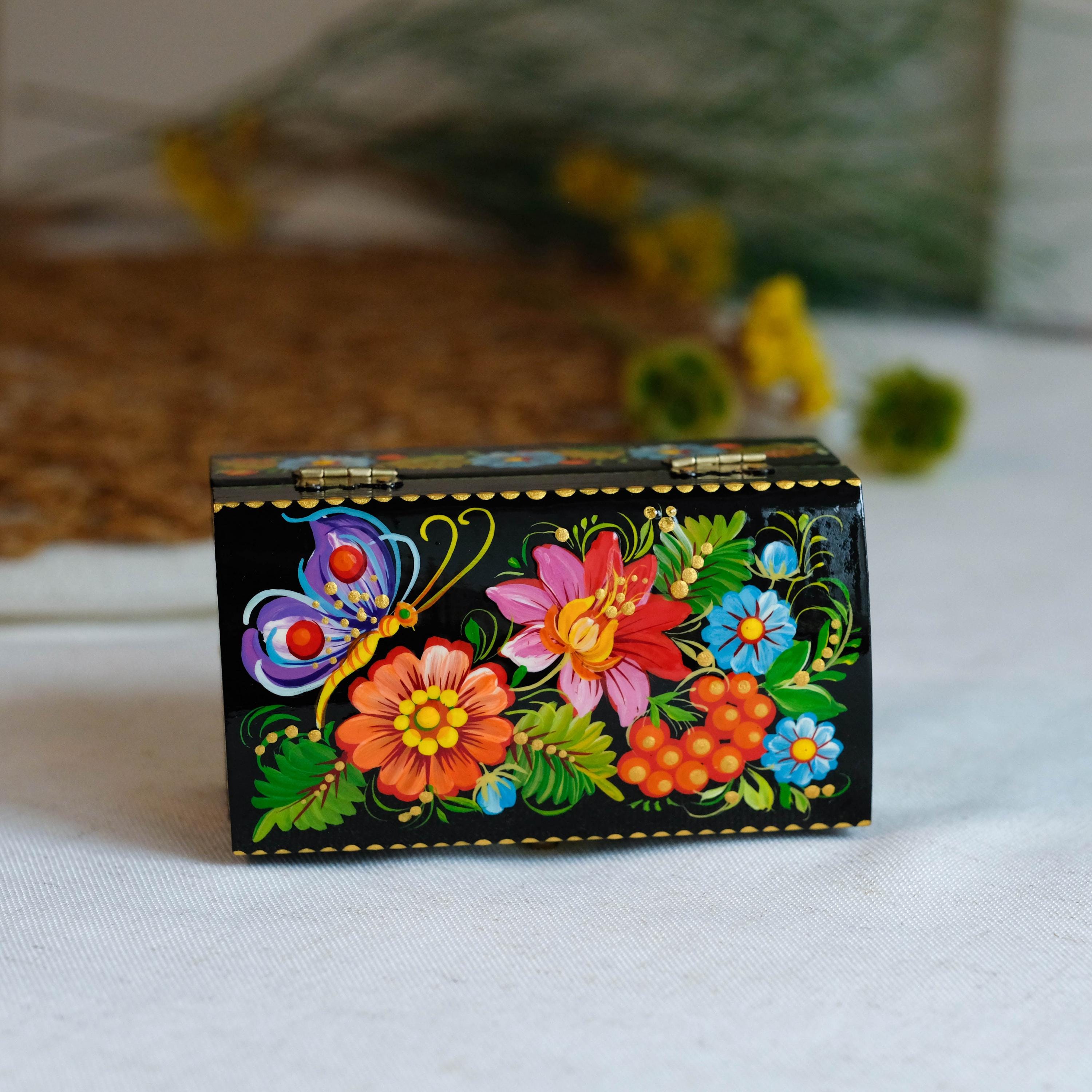 Painted Wooden Butterfly Jewelry Box 4.13 inches - Traditional Ukrainian Petrykivka Folk Art