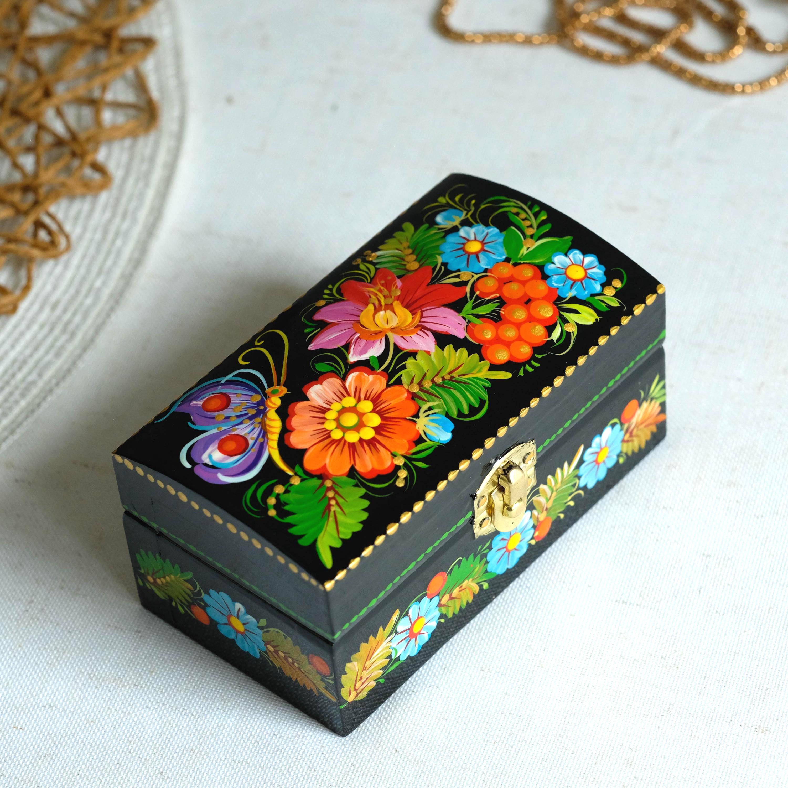Painted Wooden Butterfly Jewelry Box 4.13 inches - Traditional Ukrainian Petrykivka Folk Art