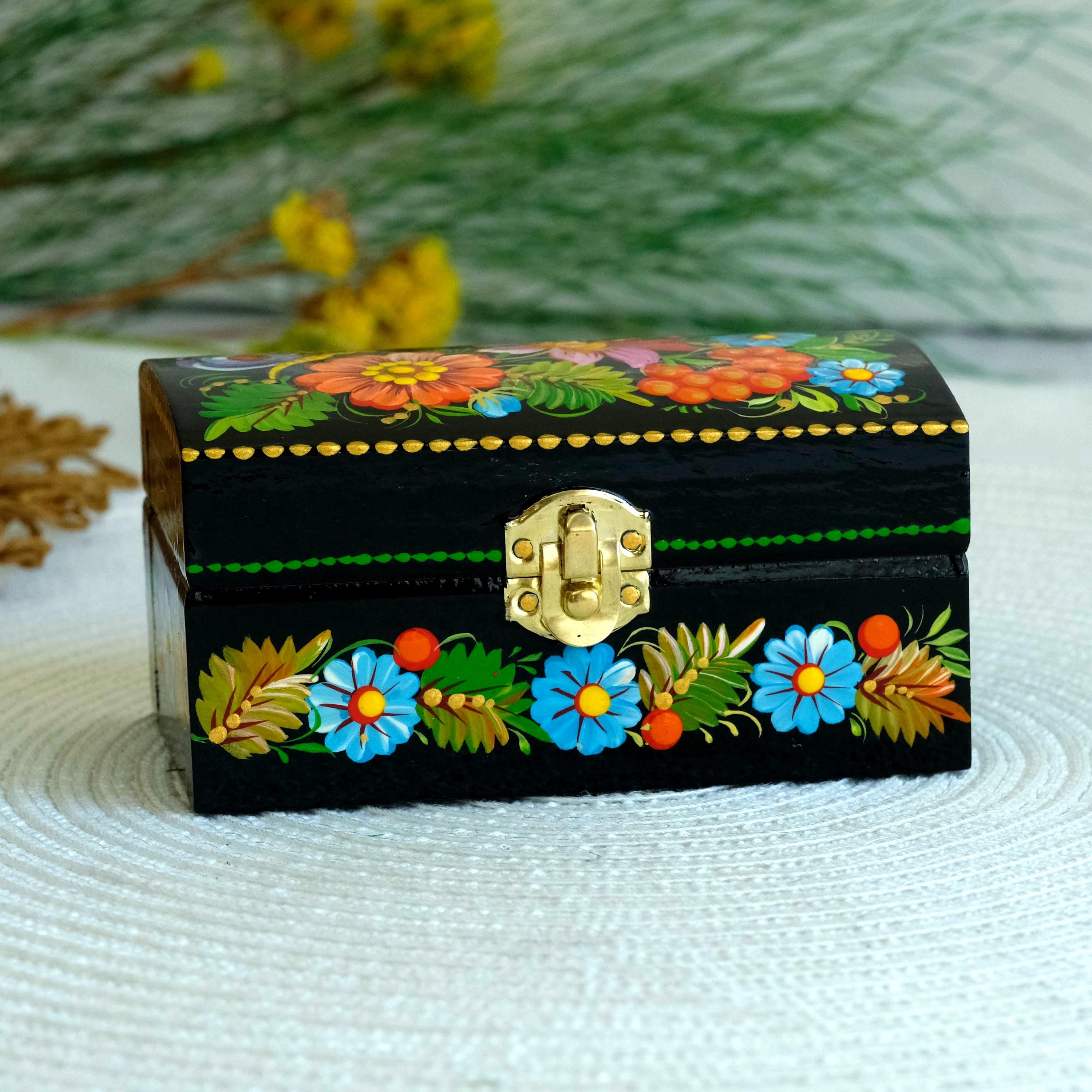 Painted Wooden Butterfly Jewelry Box 4.13 inches - Traditional Ukrainian Petrykivka Folk Art