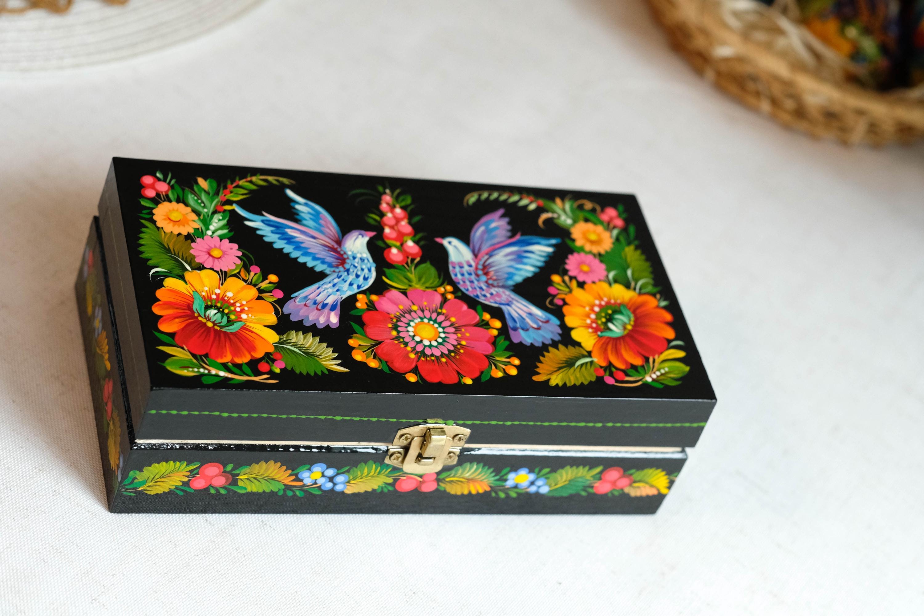 Painted Wooden Jewelry Box 7.48" - Pigeon Couple Treasure Chest with Ukrainian Petrykivka Folk Art