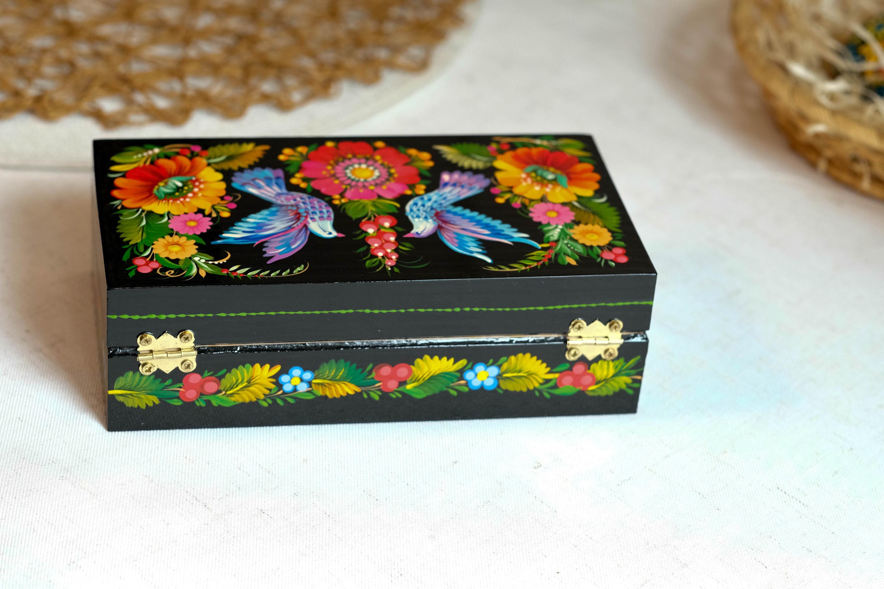 Painted Wooden Jewelry Box 7.48" - Pigeon Couple Treasure Chest with Ukrainian Petrykivka Folk Art