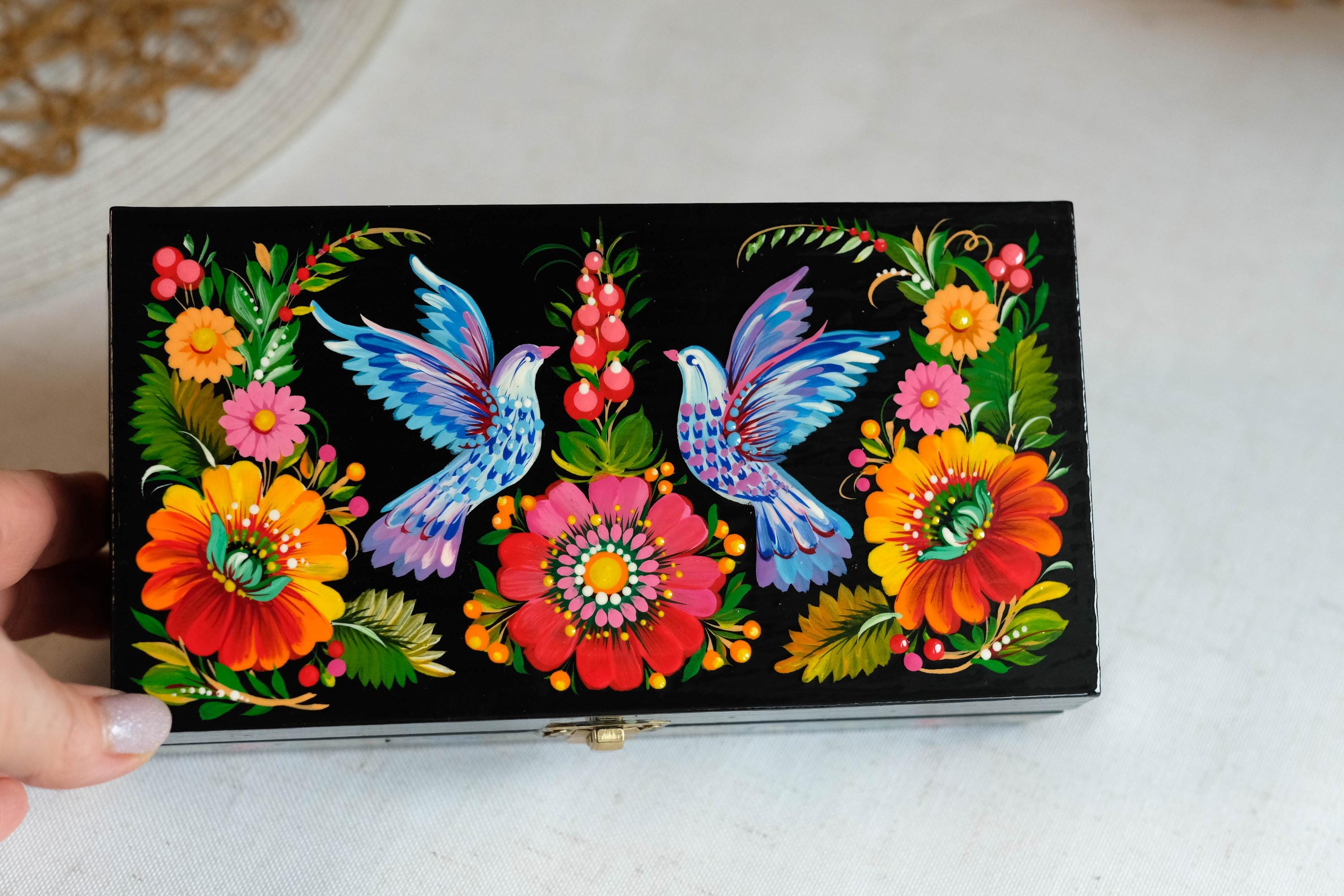 Painted Wooden Jewelry Box 7.48" - Pigeon Couple Treasure Chest with Ukrainian Petrykivka Folk Art