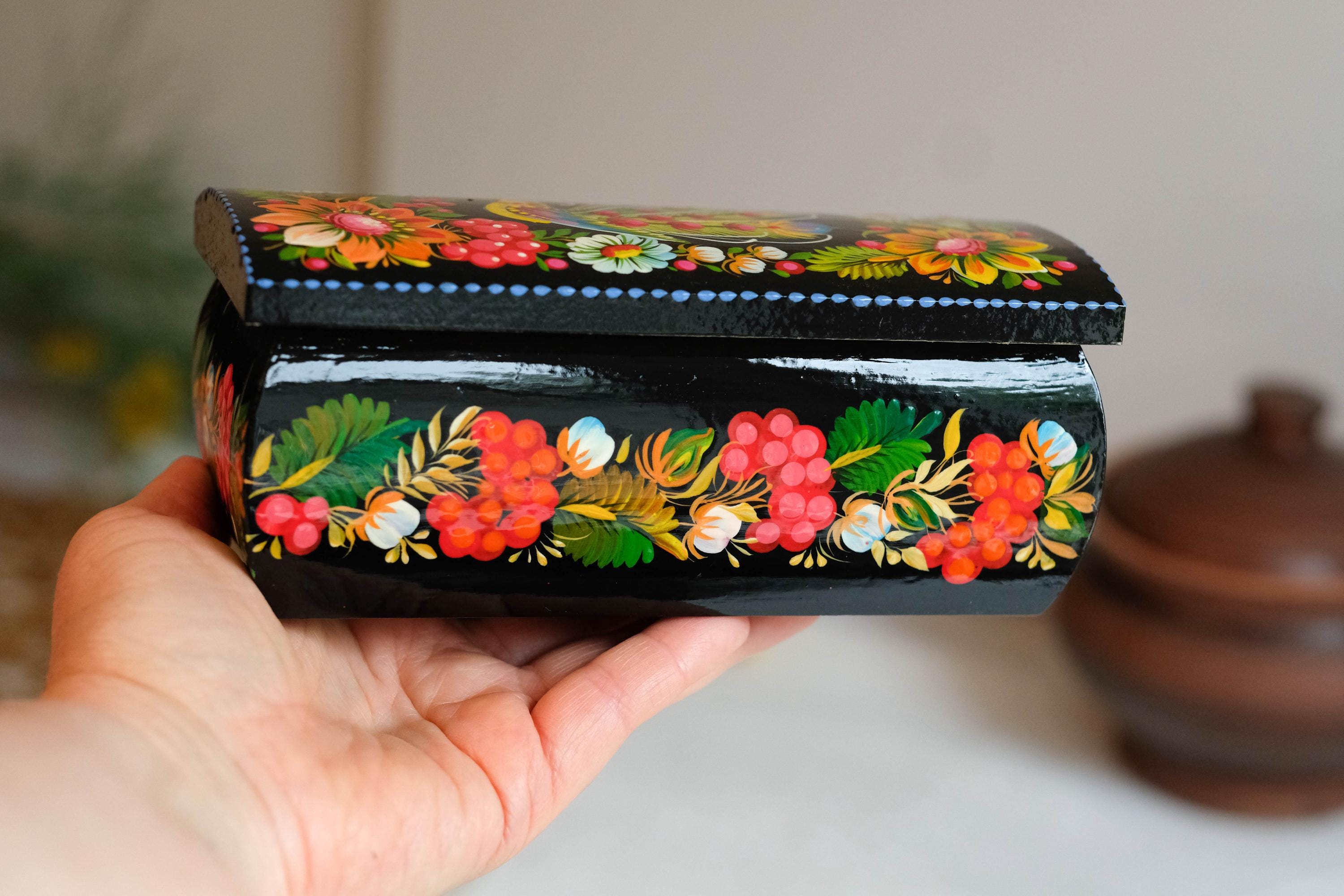 Painted Wooden Firebird Jewelry Box 6.3" - Ukrainian Traditional Petrykivka Folk Art