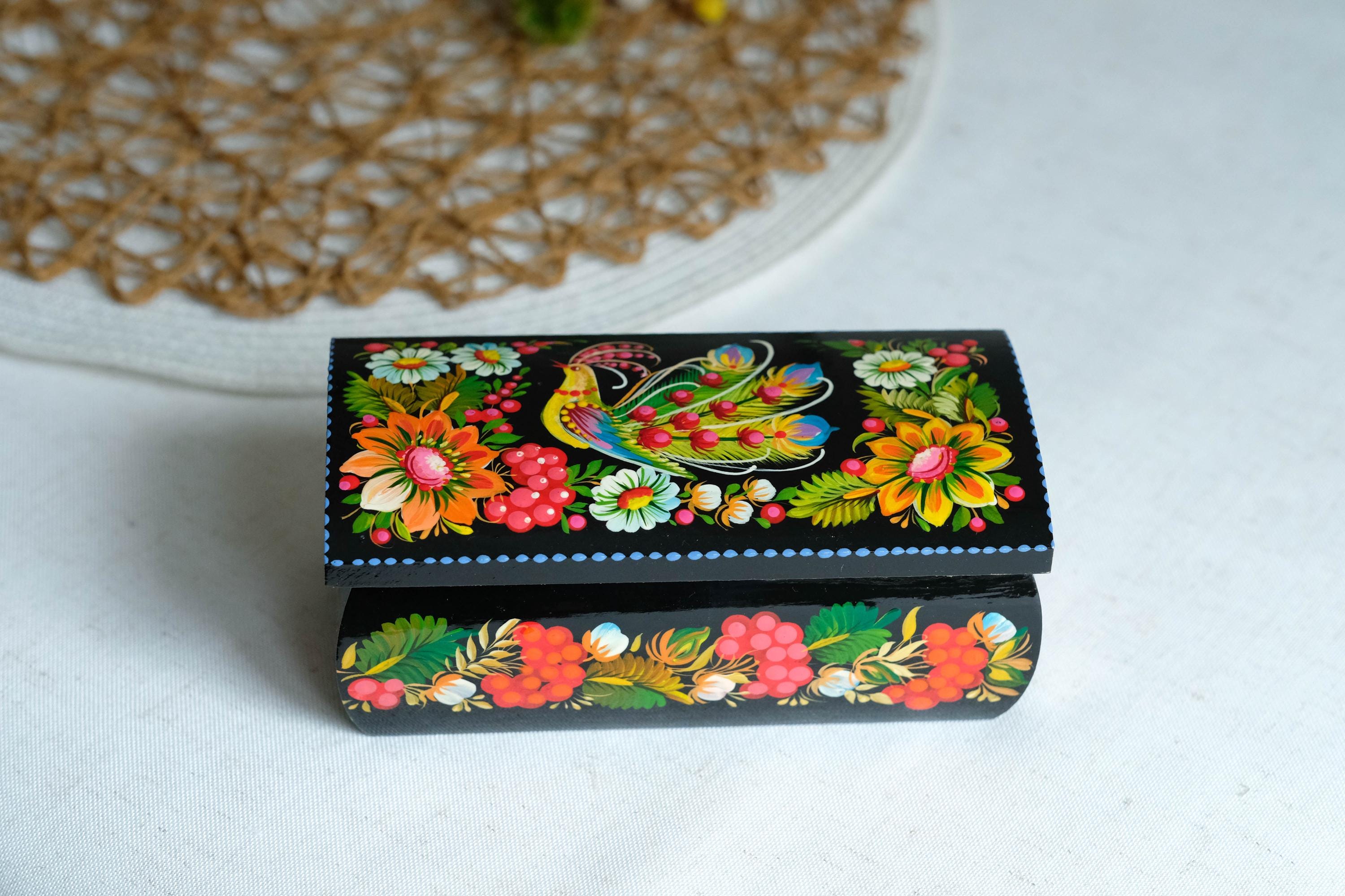 Painted Wooden Firebird Jewelry Box 6.3" - Ukrainian Traditional Petrykivka Folk Art