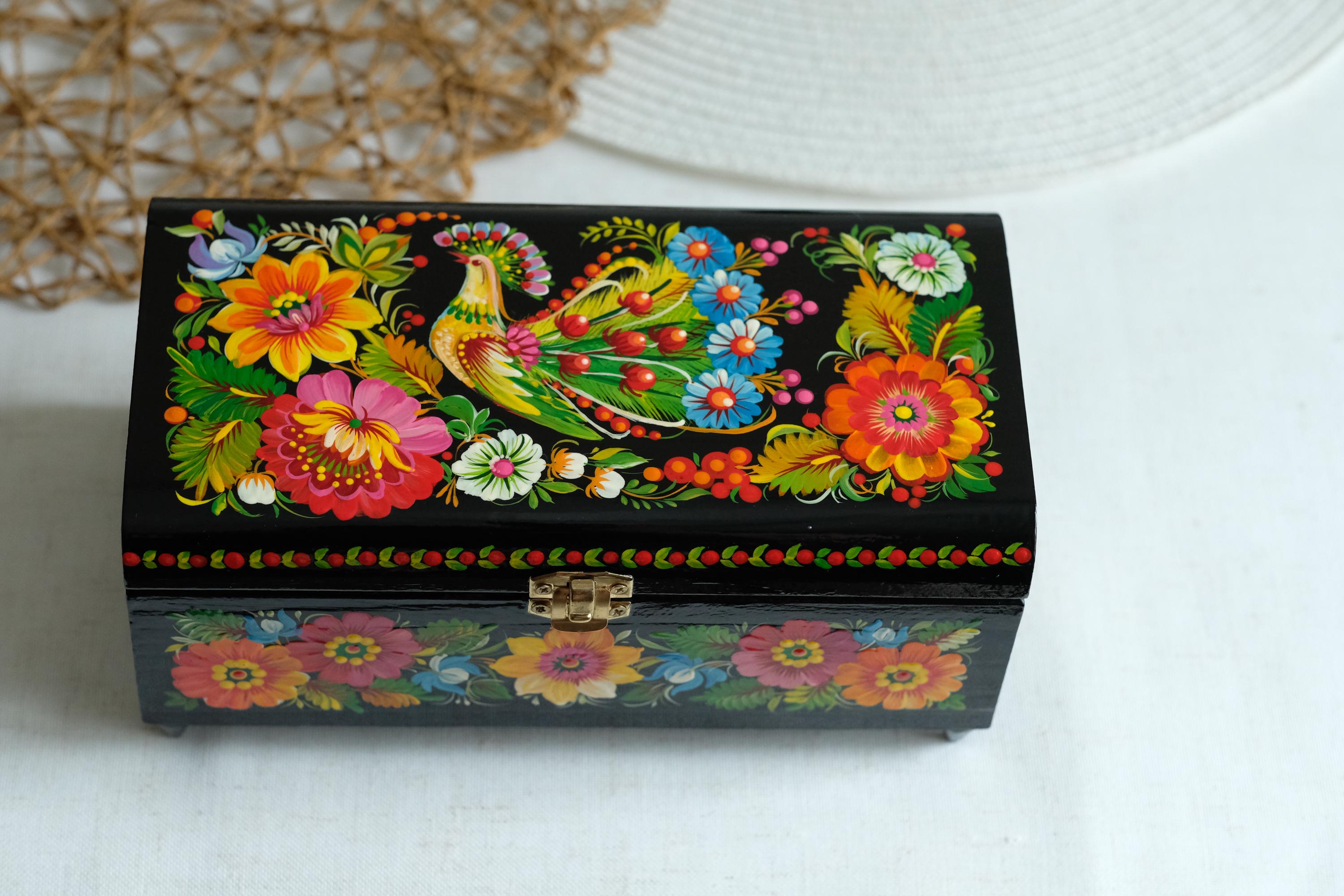 Painted Wooden Jewelry Box with Firebird & Sunflowers 8.27" - Ukrainian Traditional Petrykivka Folk Art
