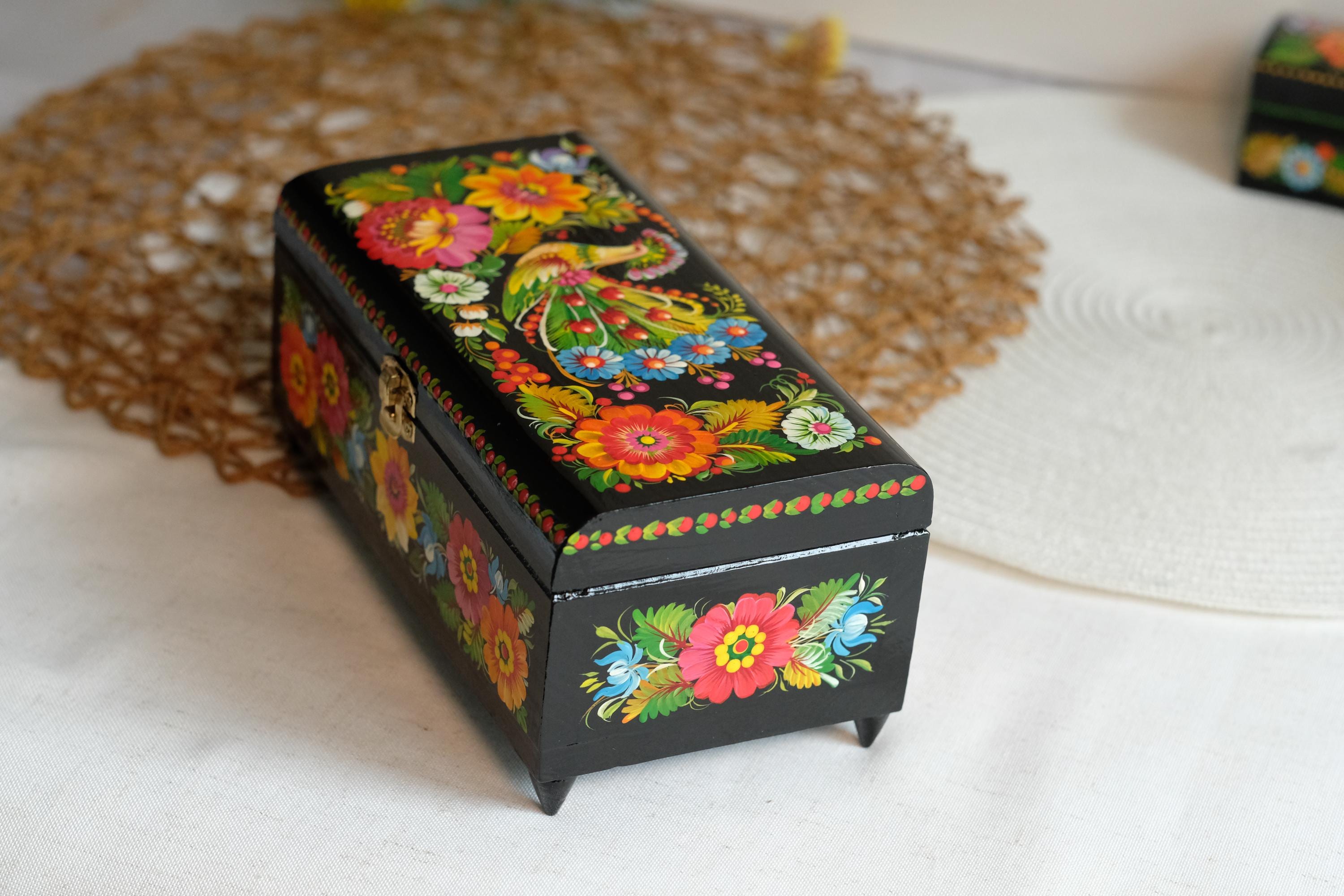 Painted Wooden Jewelry Box with Firebird & Sunflowers 8.27" - Ukrainian Traditional Petrykivka Folk Art