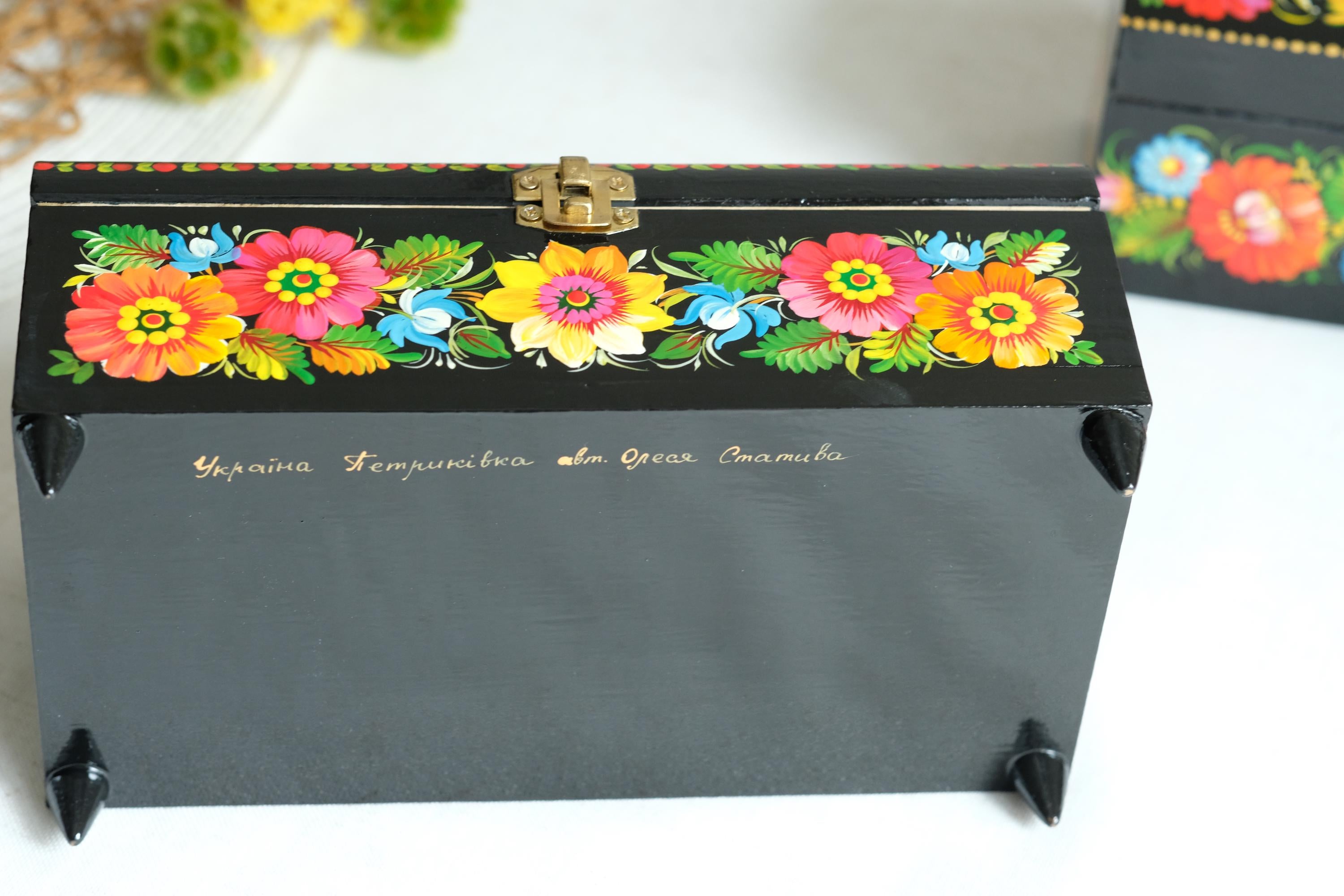 Painted Wooden Jewelry Box with Firebird & Sunflowers 8.27" - Ukrainian Traditional Petrykivka Folk Art