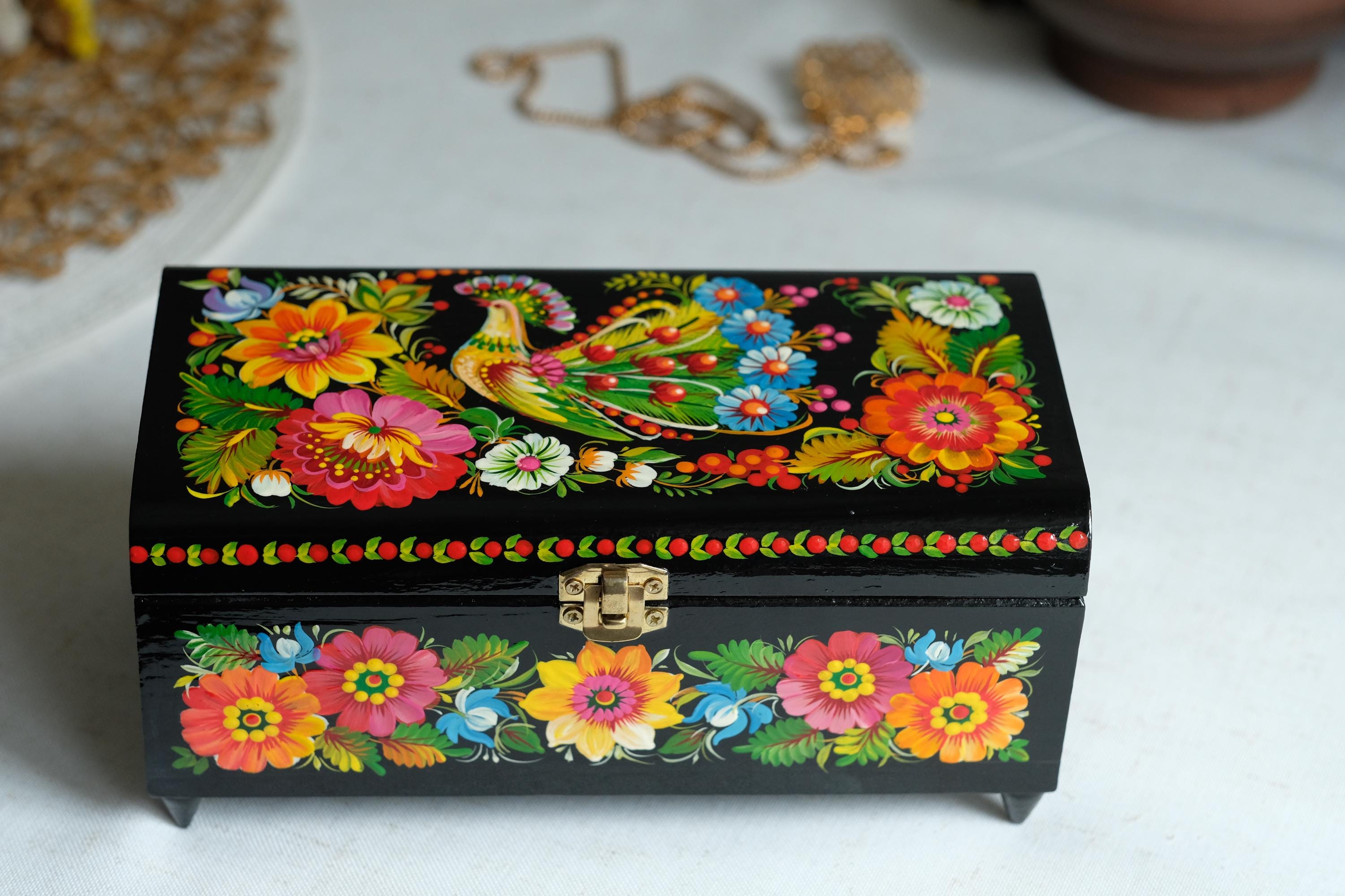 Painted Wooden Jewelry Box with Firebird & Sunflowers 8.27" - Ukrainian Traditional Petrykivka Folk Art