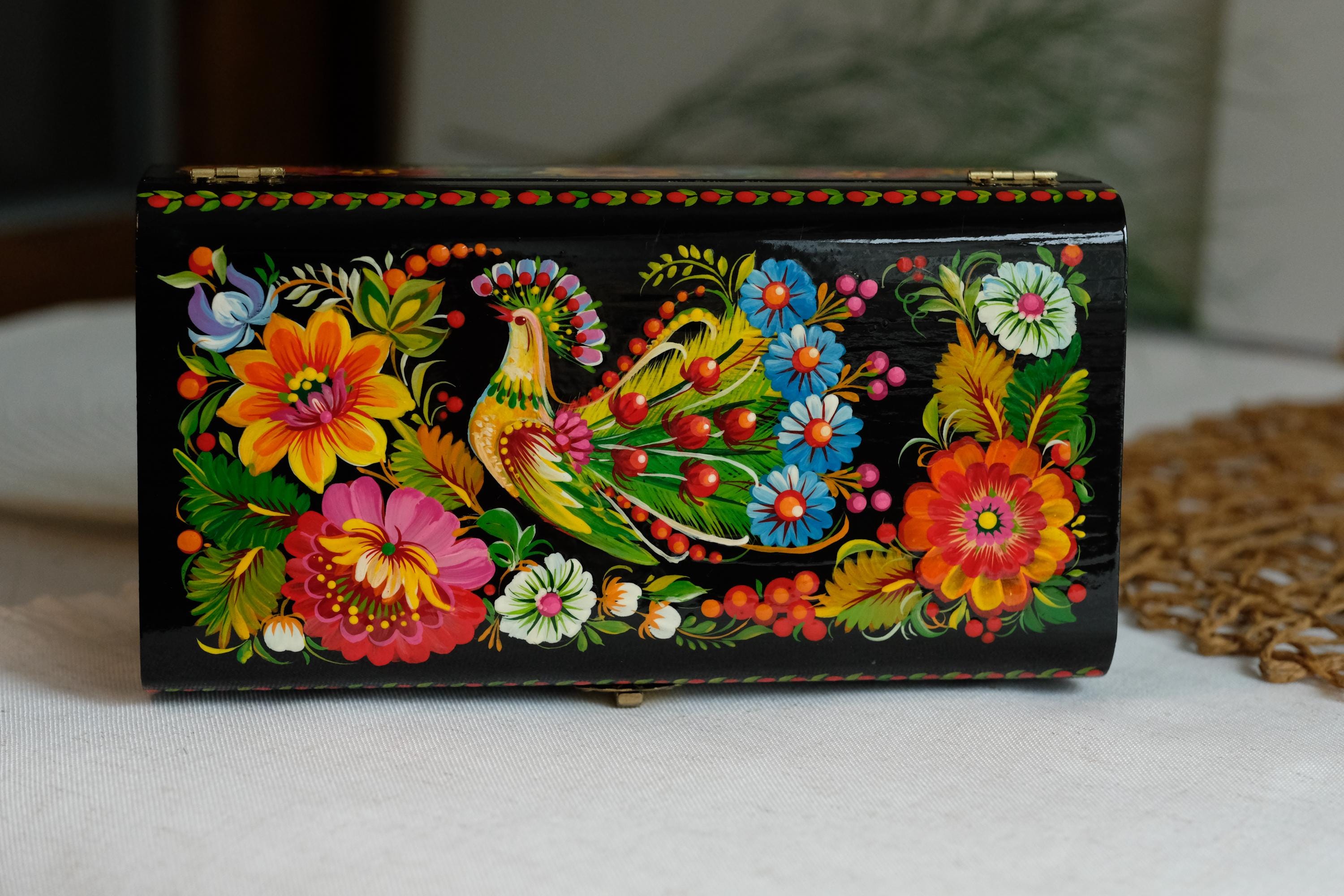 Painted Wooden Jewelry Box with Firebird & Sunflowers 8.27" - Ukrainian Traditional Petrykivka Folk Art