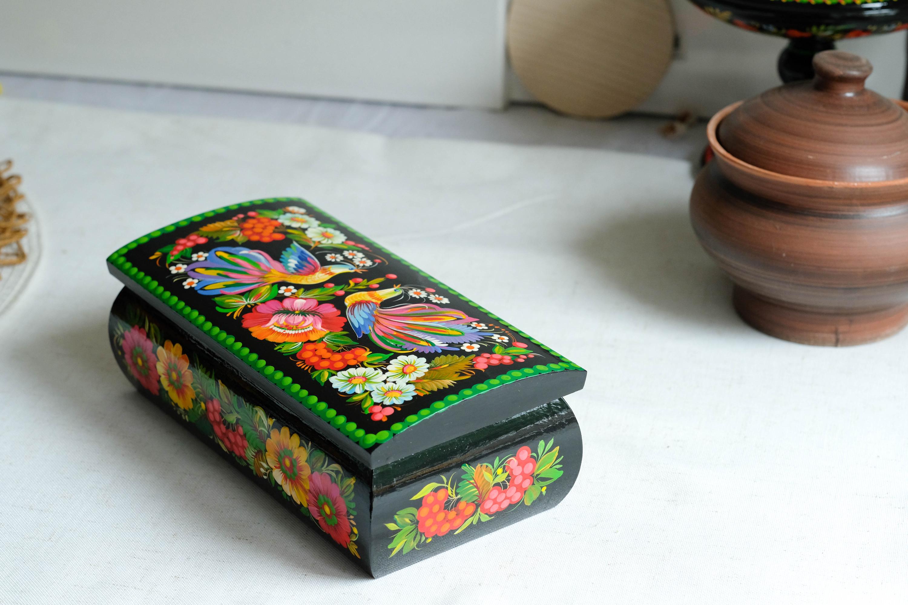 Painted Wooden Jewelry Box 8.3" - Firebirds Couple Treasure Chest with Ukrainian Petrykivka Art