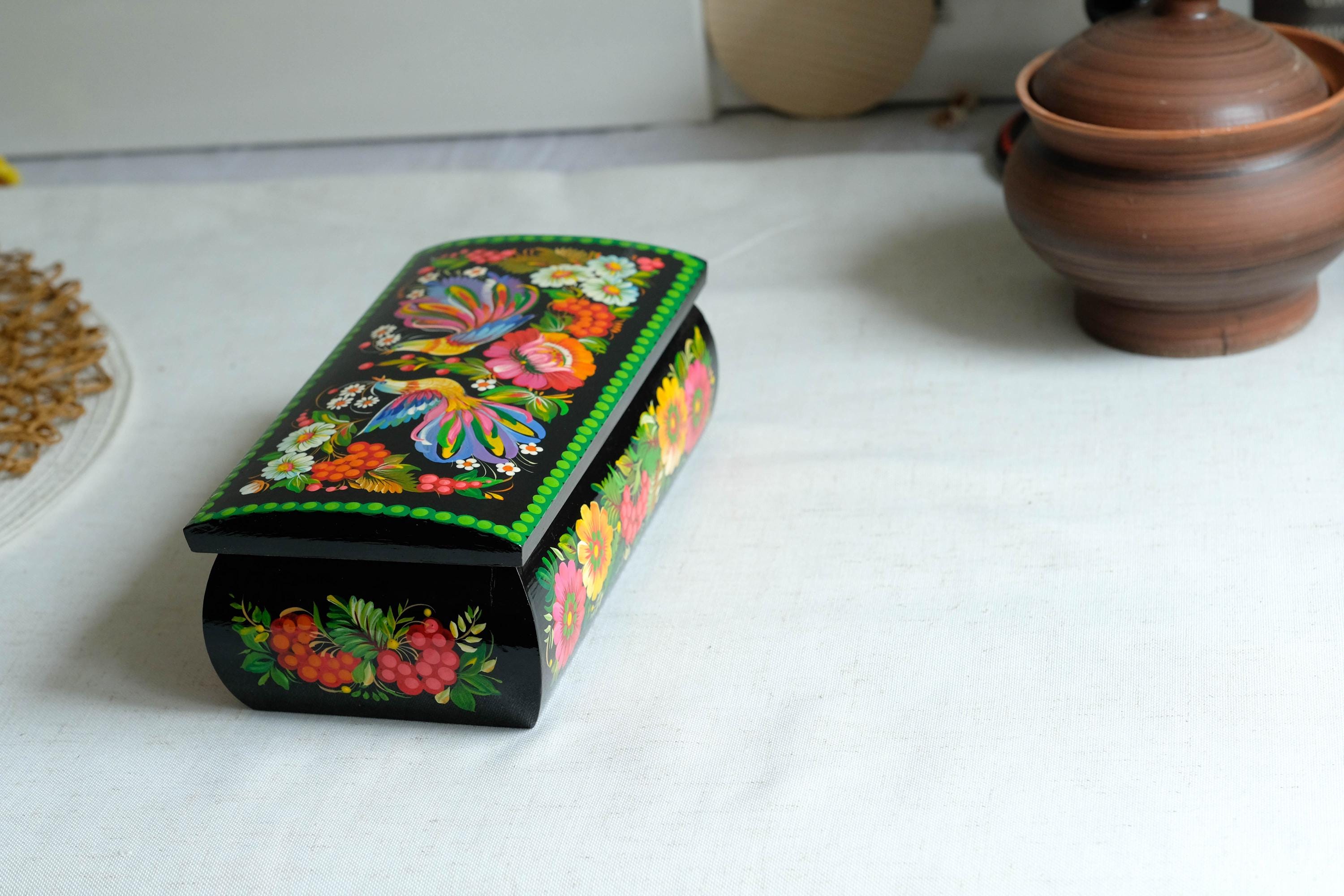 Painted Wooden Jewelry Box 8.3" - Firebirds Couple Treasure Chest with Ukrainian Petrykivka Art