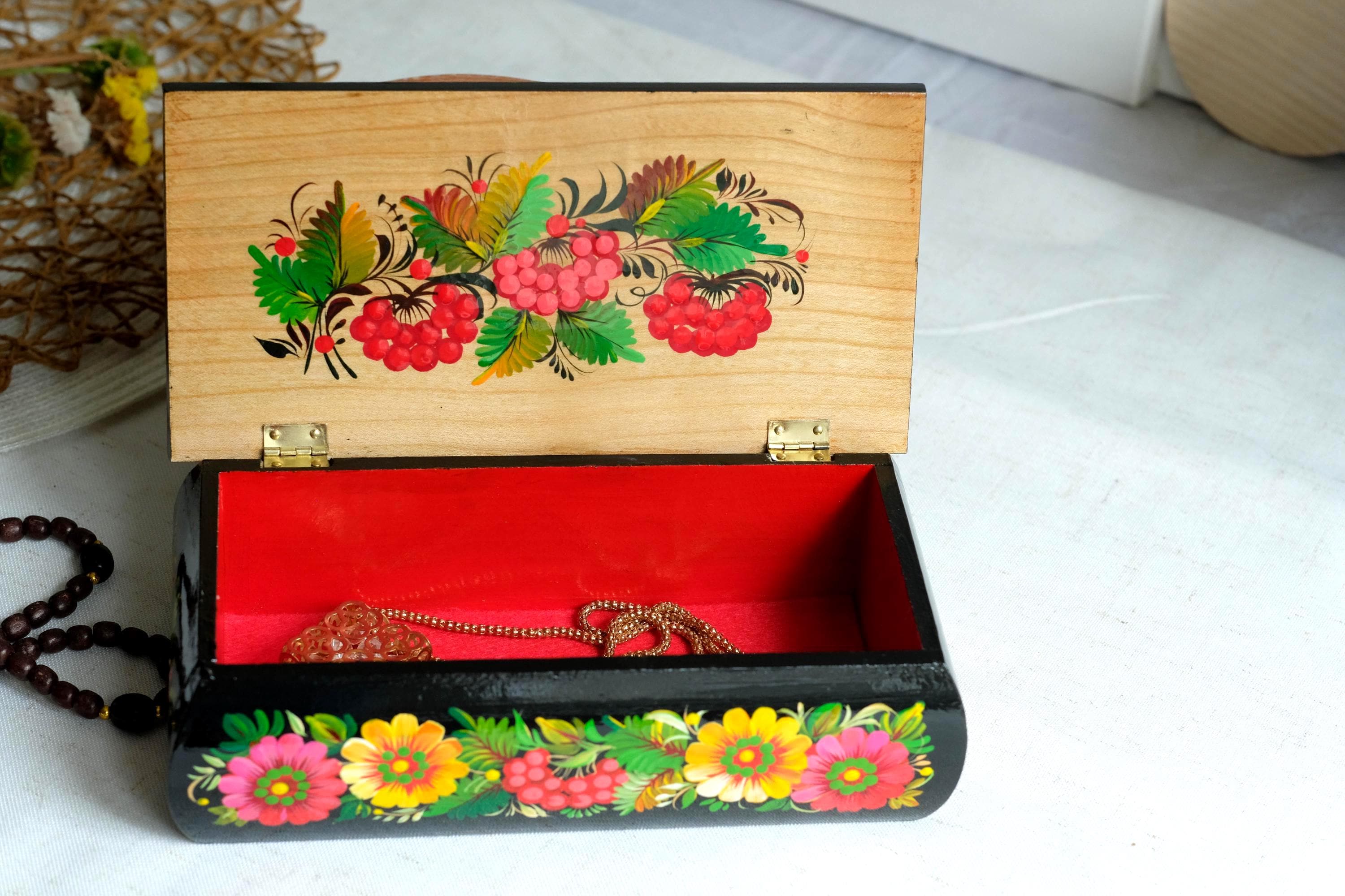 Painted Wooden Jewelry Box 8.3" - Firebirds Couple Treasure Chest with Ukrainian Petrykivka Art