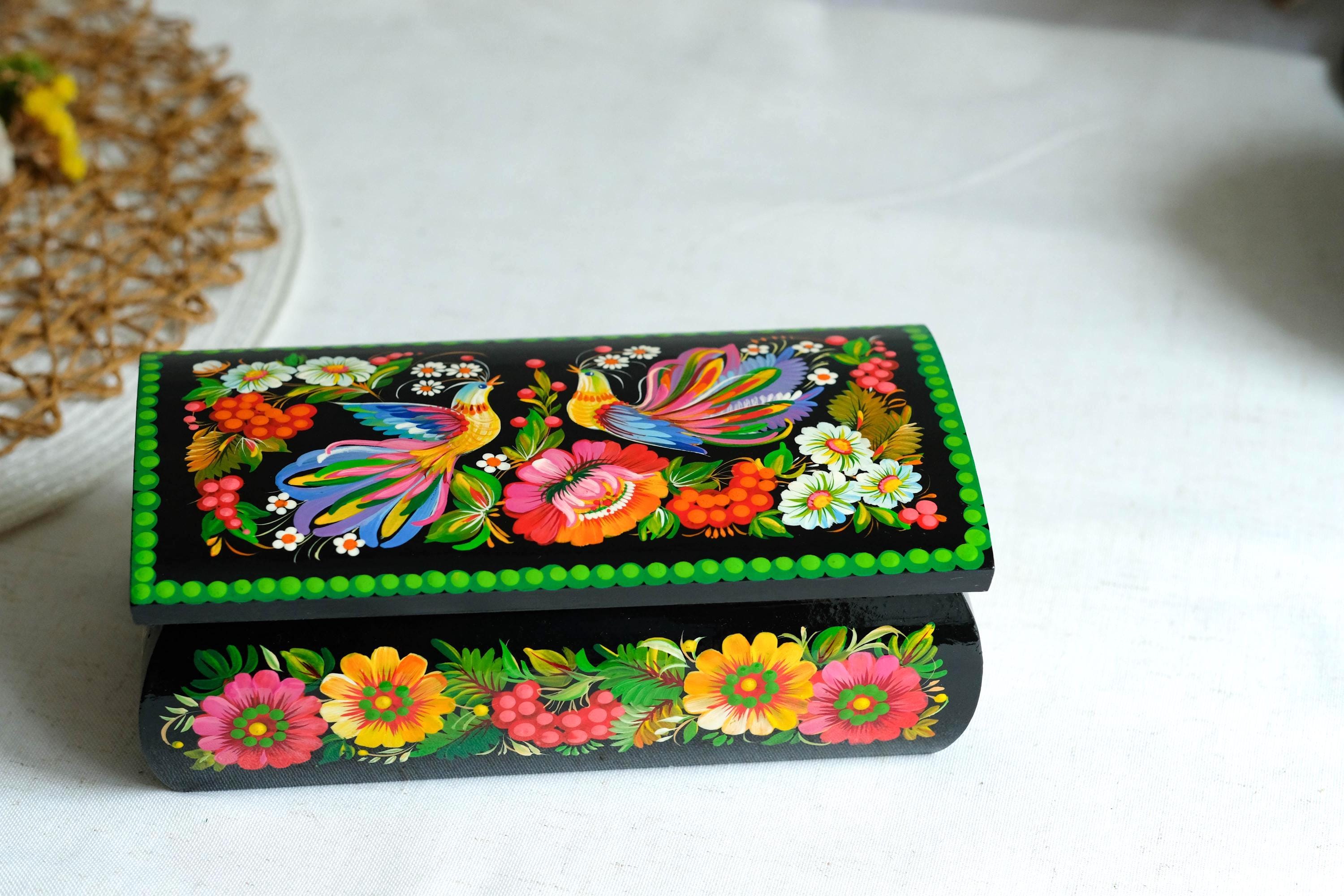 Painted Wooden Jewelry Box 8.3" - Firebirds Couple Treasure Chest with Ukrainian Petrykivka Art