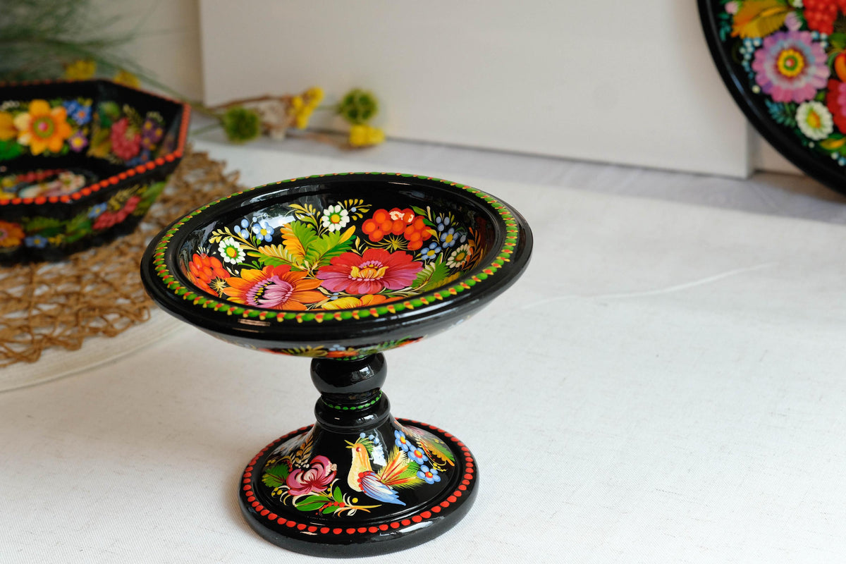 Hand-painted wooden pedestal bowl - Fairy bird Petrykivka candy bowl, Ukrainian decorative bowl for candies, keys, jewelry, décor