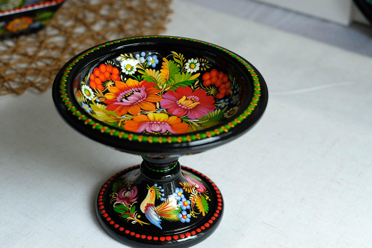 Hand-painted wooden pedestal bowl - Fairy bird Petrykivka candy bowl, Ukrainian decorative bowl for candies, keys, jewelry, décor