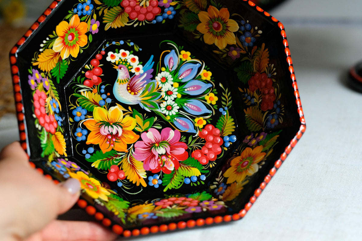 Hand-Painted Petrykivka Wooden Candy Bowl, Ukrainian Folk Art with Fairy Bird & Sunflowers