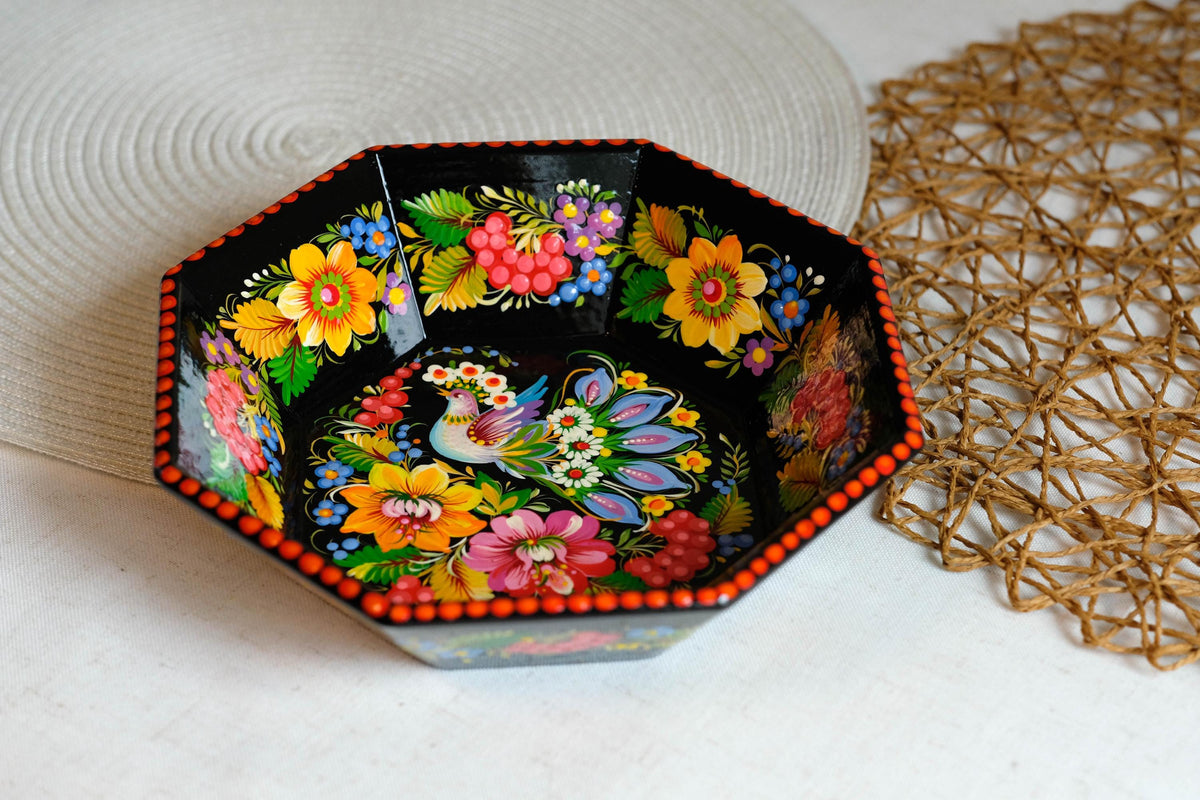 Hand-Painted Petrykivka Wooden Candy Bowl, Ukrainian Folk Art with Fairy Bird & Sunflowers