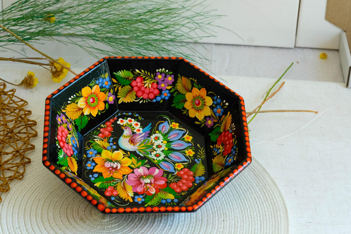 Hand-Painted Petrykivka Wooden Candy Bowl, Ukrainian Folk Art with Fairy Bird & Sunflowers
