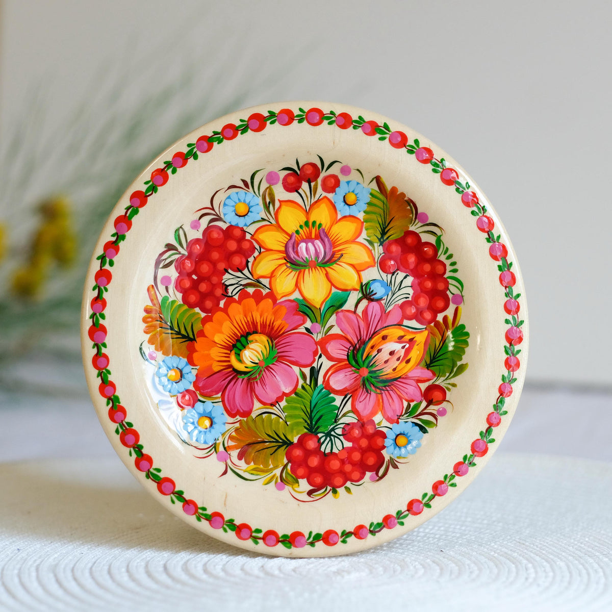 Painted Wooden Plate with Petrykivka Art 5.9 inches, Ukrainian Folk Art - Wall Hanging or Tabletop Display