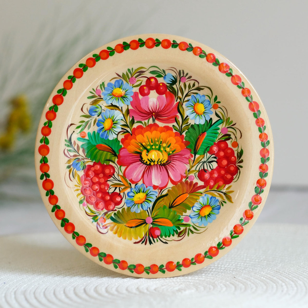 Painted Wooden Plate with Petrykivka Art 5.9 inches, Ukrainian Folk Art - Wall Hanging & Tabletop Display
