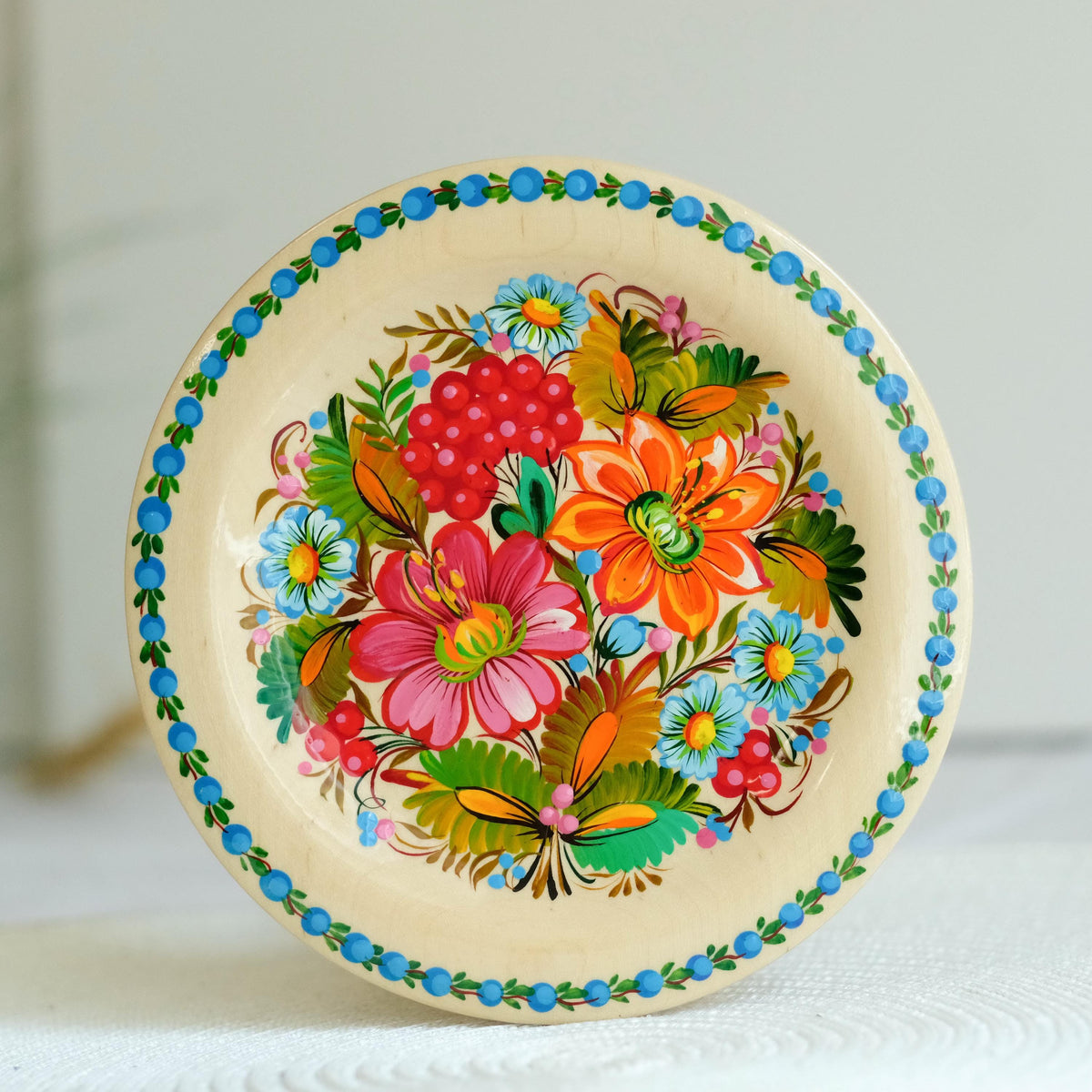 Painted Wooden Plate with Petrykivka Art 5.9 inches - Ukrainian Folk Art, with loop on the back