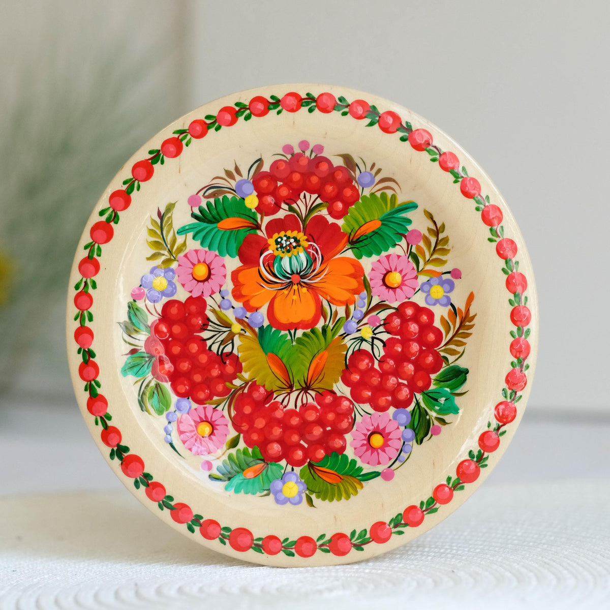 Painted Wooden Plate with Petrykivka Art 5.9 inches - Ukrainian Folk Art, with loop on the back