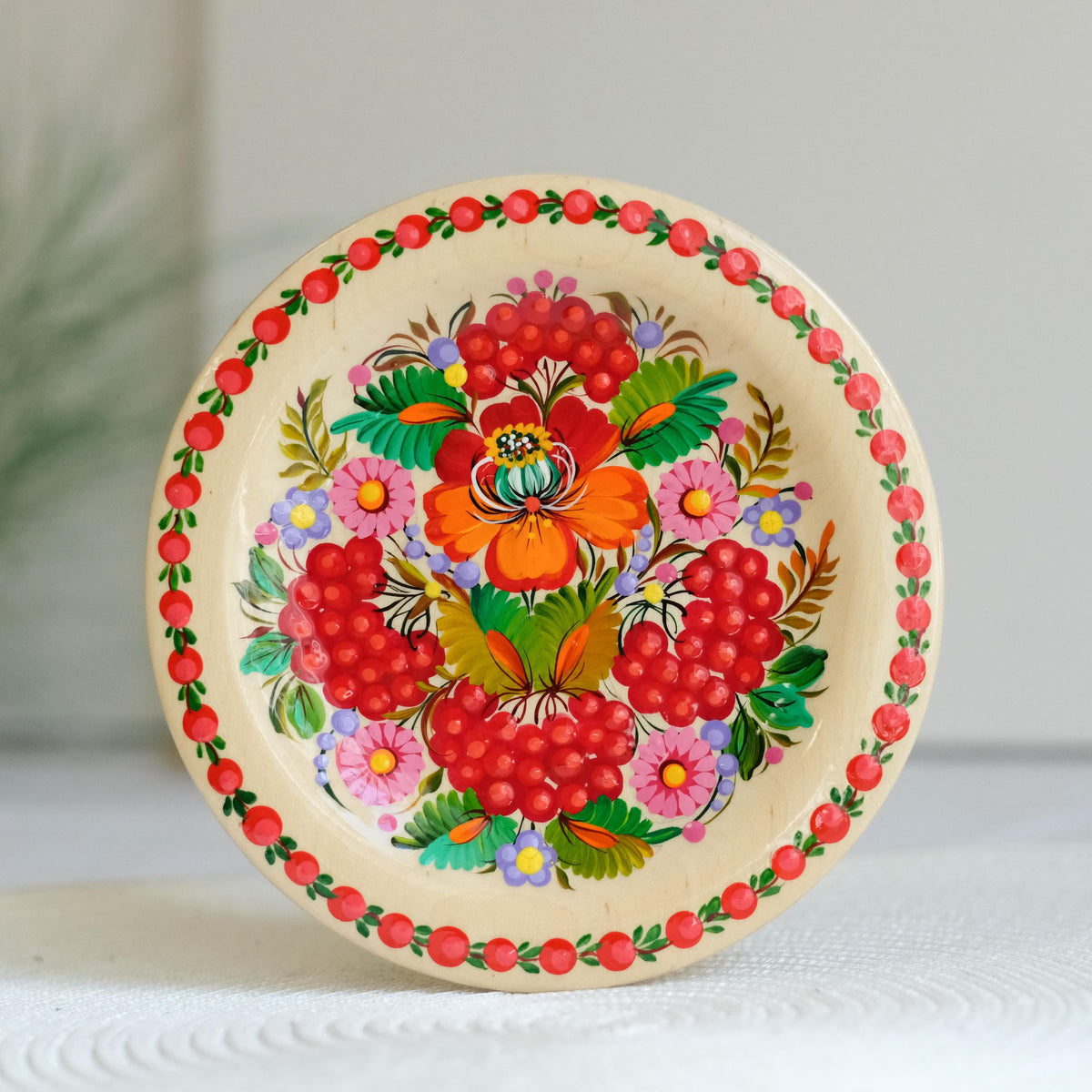 Painted Wooden Plate with Petrykivka Art 5.9 inches - Ukrainian Folk Art, with loop on the back