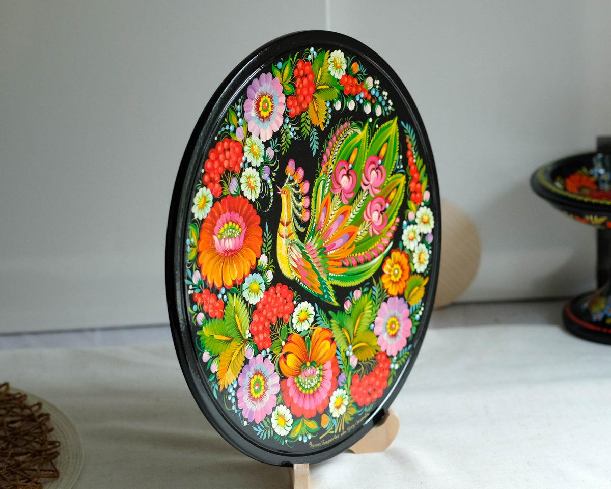 Painted Wooden Firebird Plate, Petrykivka Ukrainian Folk Art - Wall Hanging & Tabletop Display