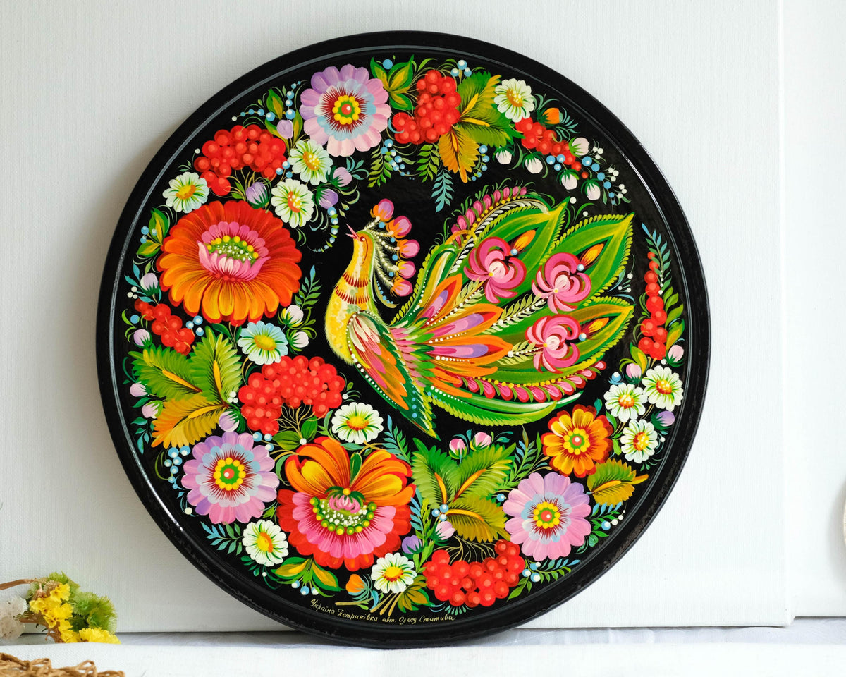 Painted Wooden Firebird Plate, Petrykivka Ukrainian Folk Art - Wall Hanging & Tabletop Display