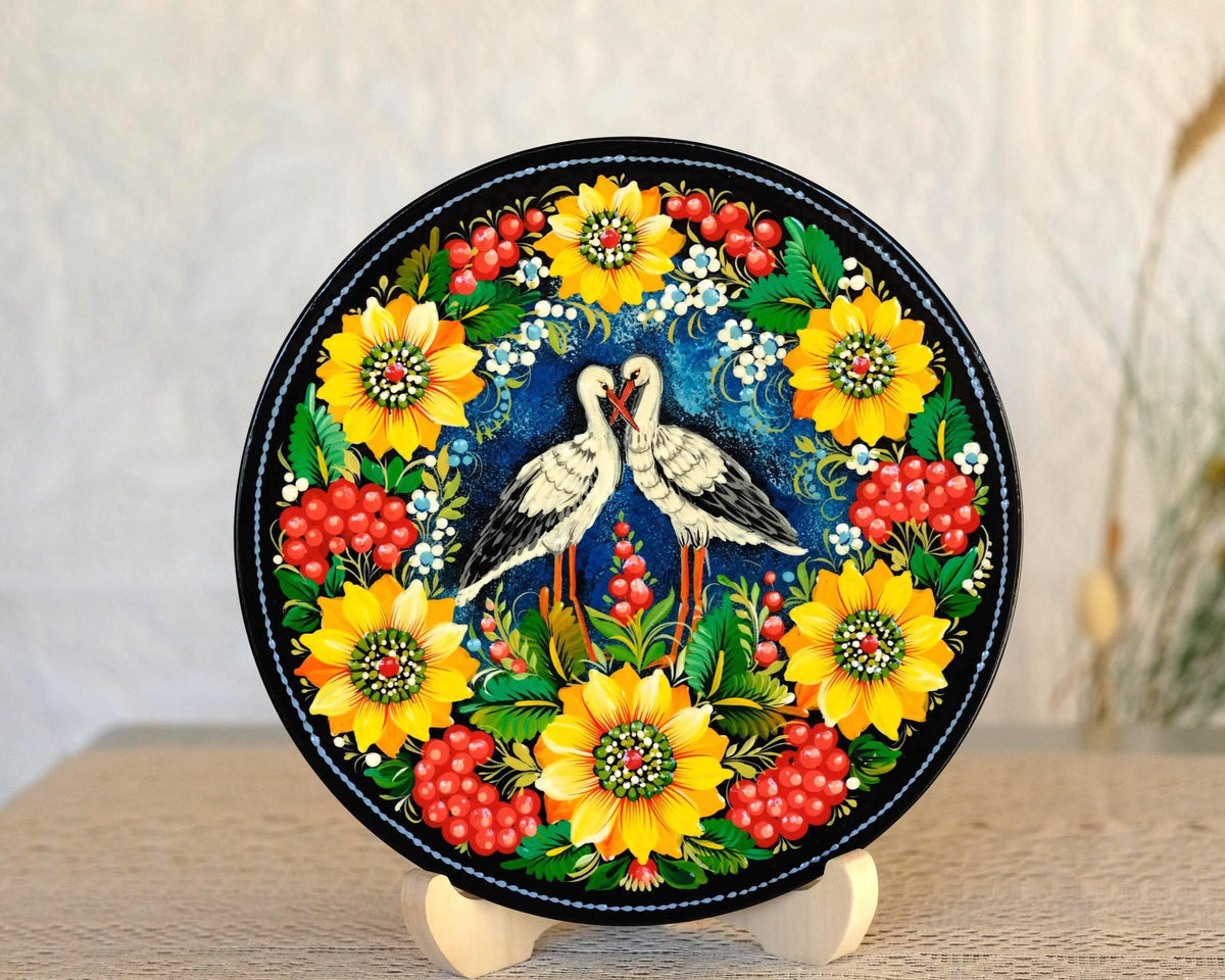 Large Hand-Painted Wooden Plate with Crane Couple & Sunflowers, 11.8" Petrykivka Ukrainian Folk Art